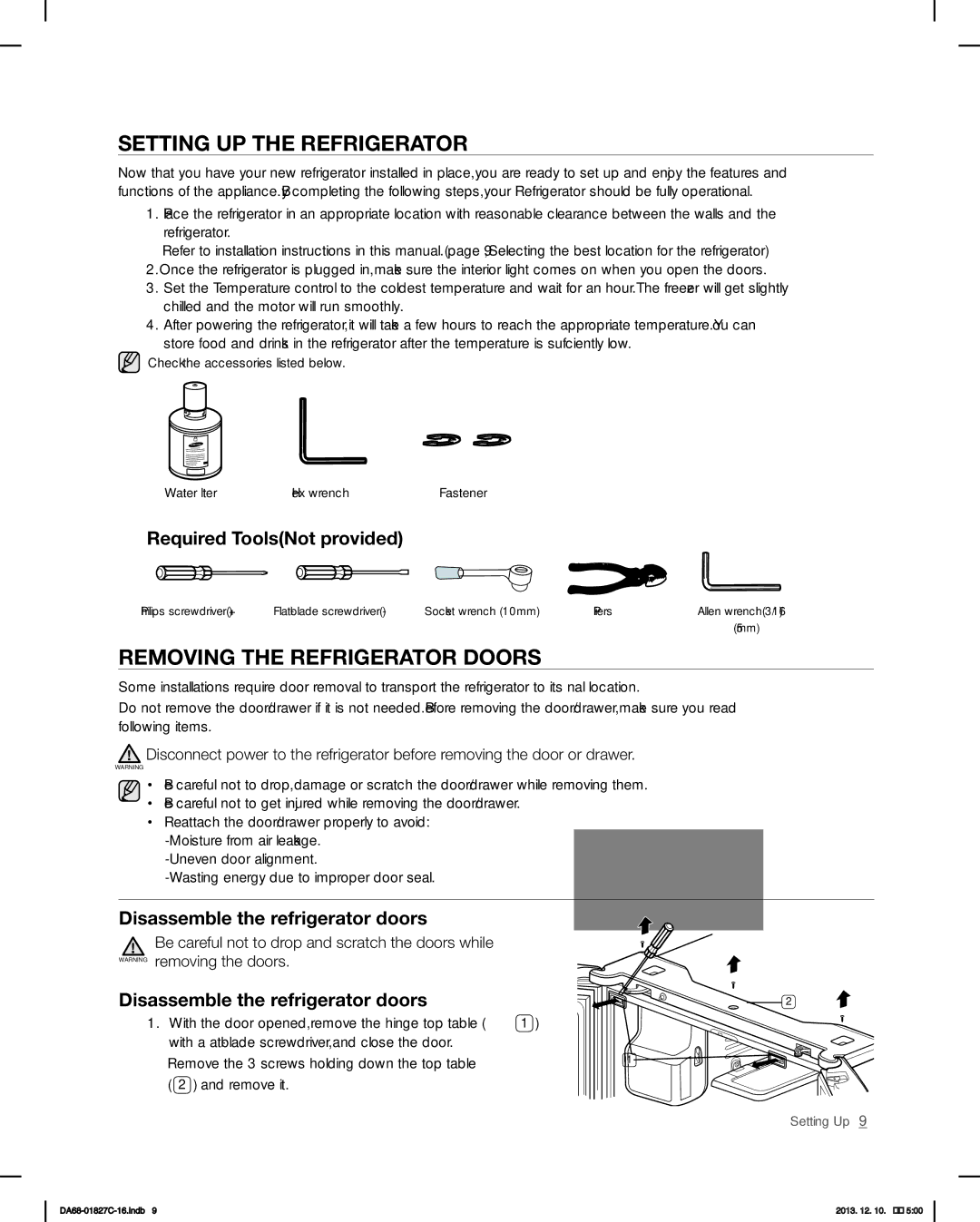 Samsung RFG237AARS user manual Setting UP the Refrigerator, Removing the Refrigerator Doors, Required ToolsNot provided 