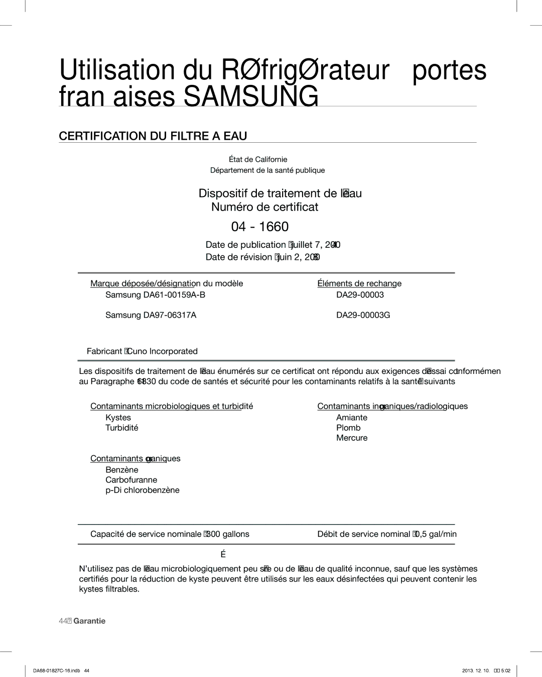 Samsung RFG237AARS user manual Certification DU Filtre a EAU, Dispositif de traitement de leau Numéro de certificat 