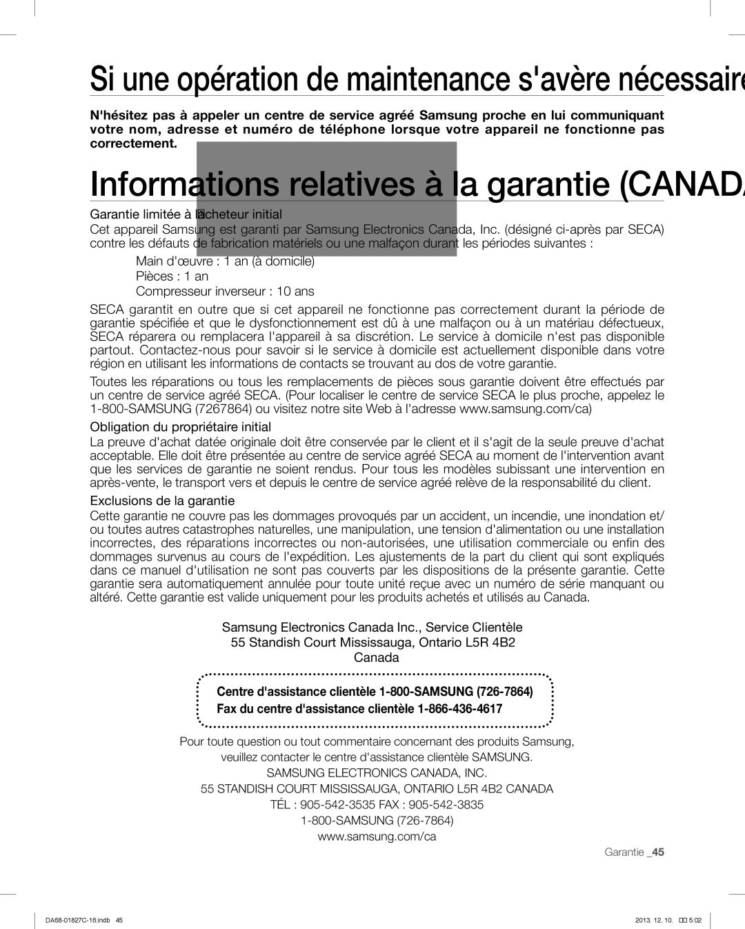 Samsung RFG237AARS user manual Informations relatives à la garantie Canada 