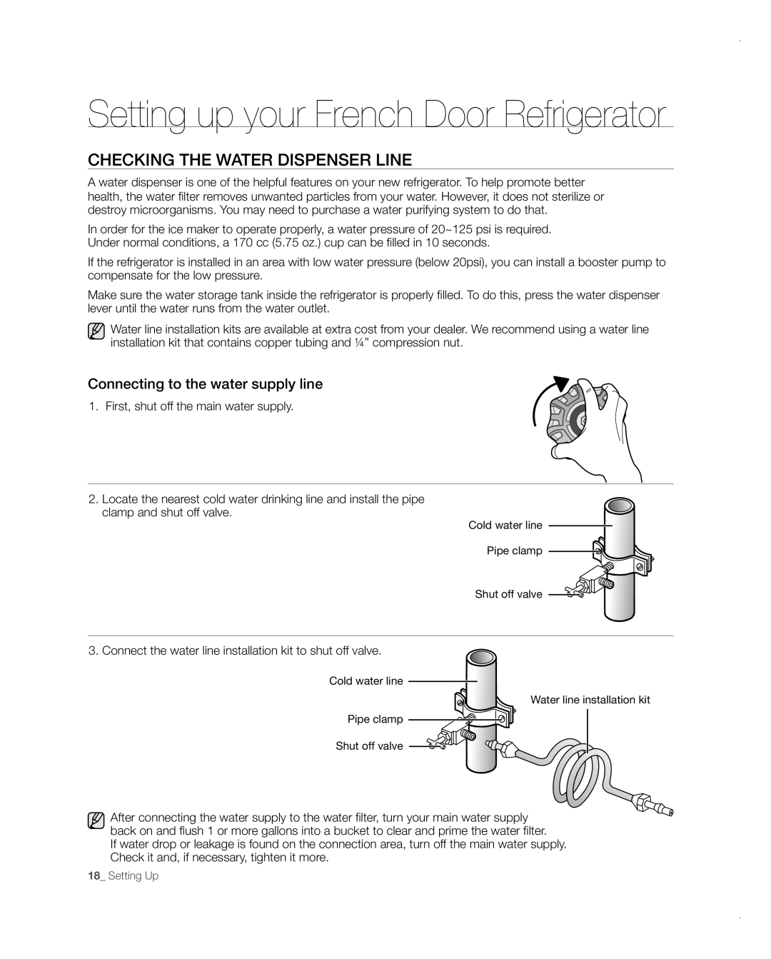 Samsung RFG237AARS user manual CHECKinG tHE wAtER DisPEnsER LinE, Connecting to the water supply line 