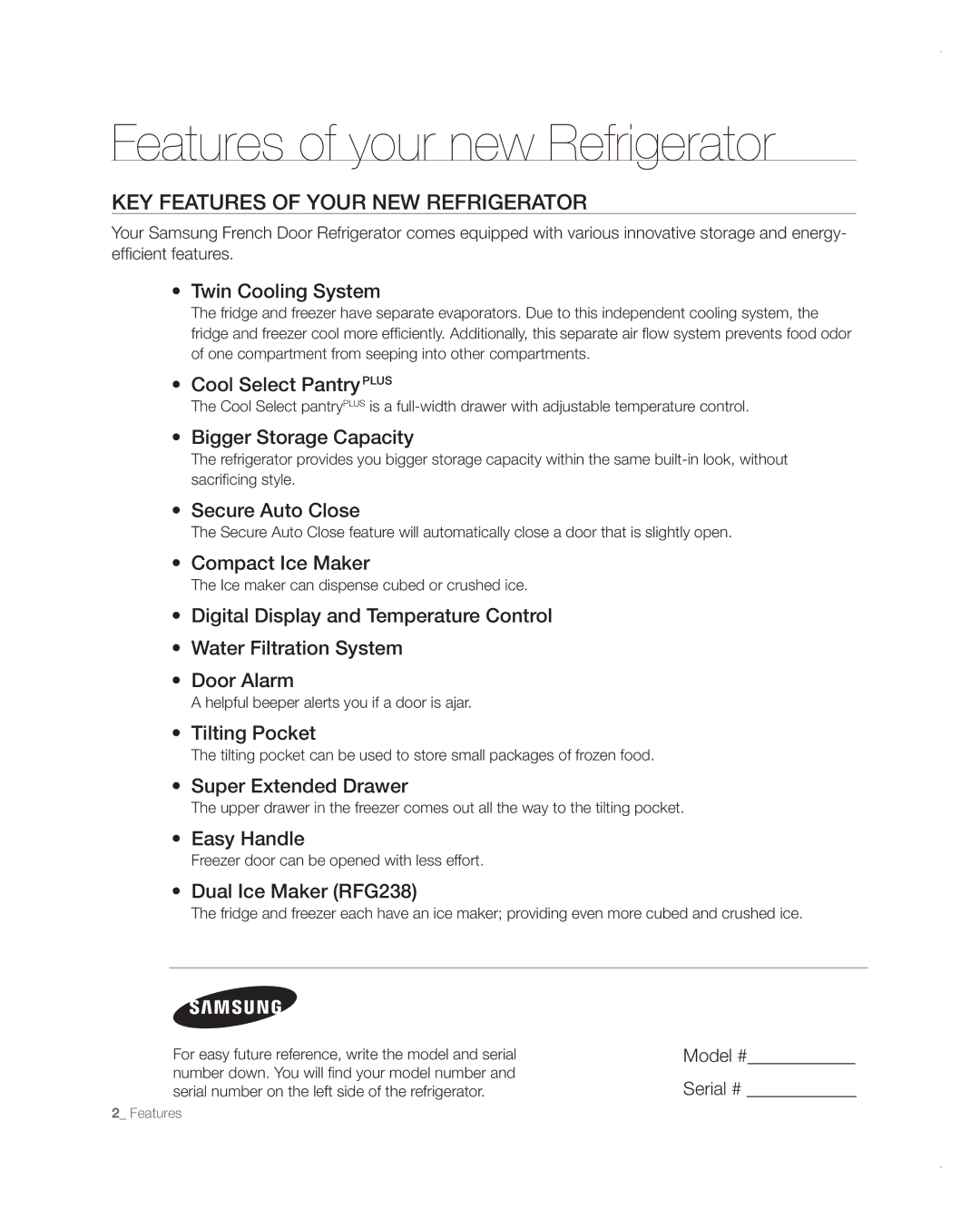 Samsung RFG237AARS user manual Features of your new Refrigerator, Key features of your new refrigerator, Model #, Serial # 