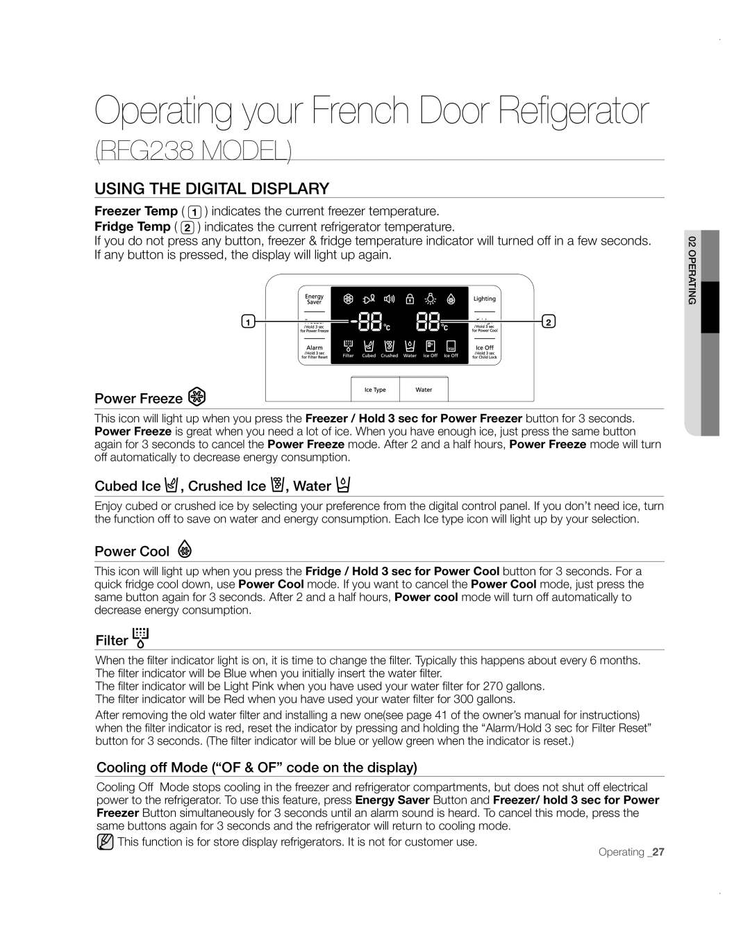 Samsung RFG237AARS user manual Using the Digital Displary, Power Freeze 