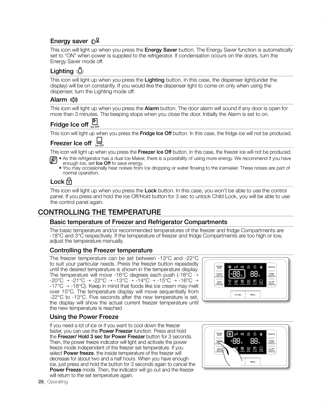 Samsung RFG237AARS user manual Fridge Ice off, Freezer Ice off 