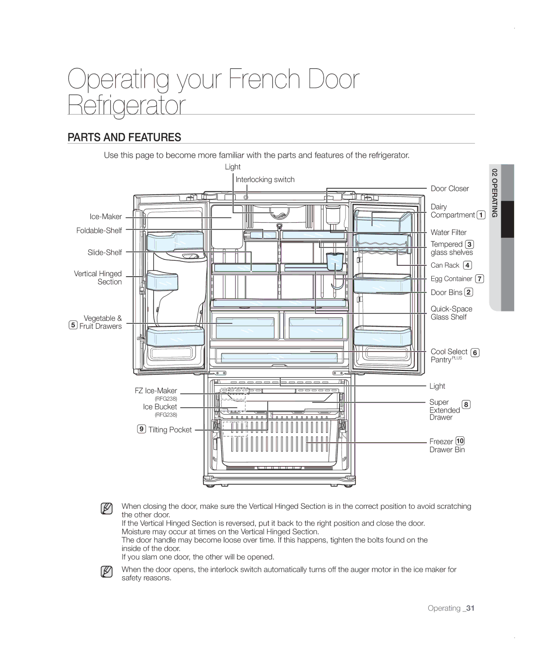 Samsung RFG237AARS user manual Operating your French Door Refrigerator, Parts and Features 