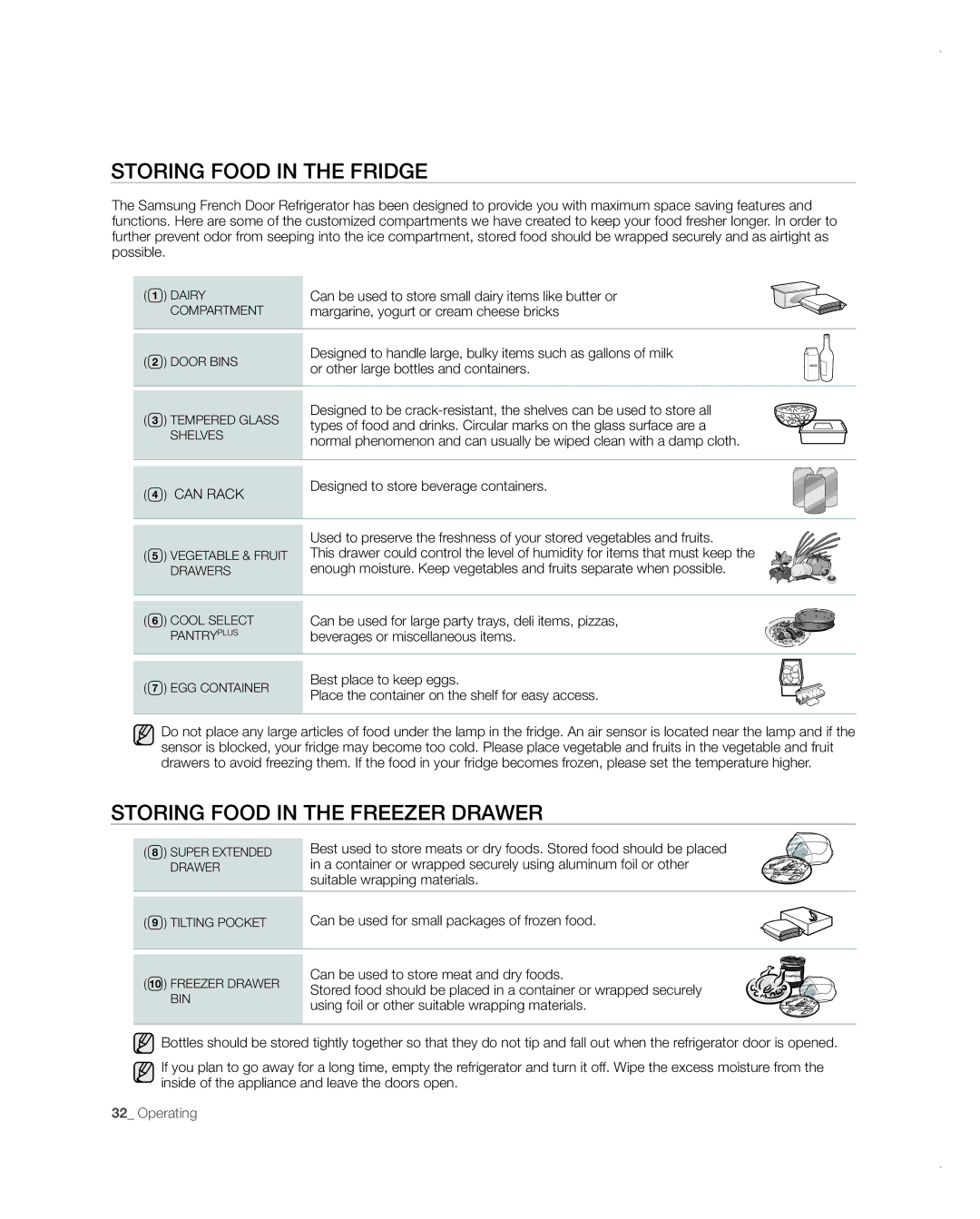 Samsung RFG237AARS user manual Storing Food in the Fridge, Storing Food in the Freezer Drawer 