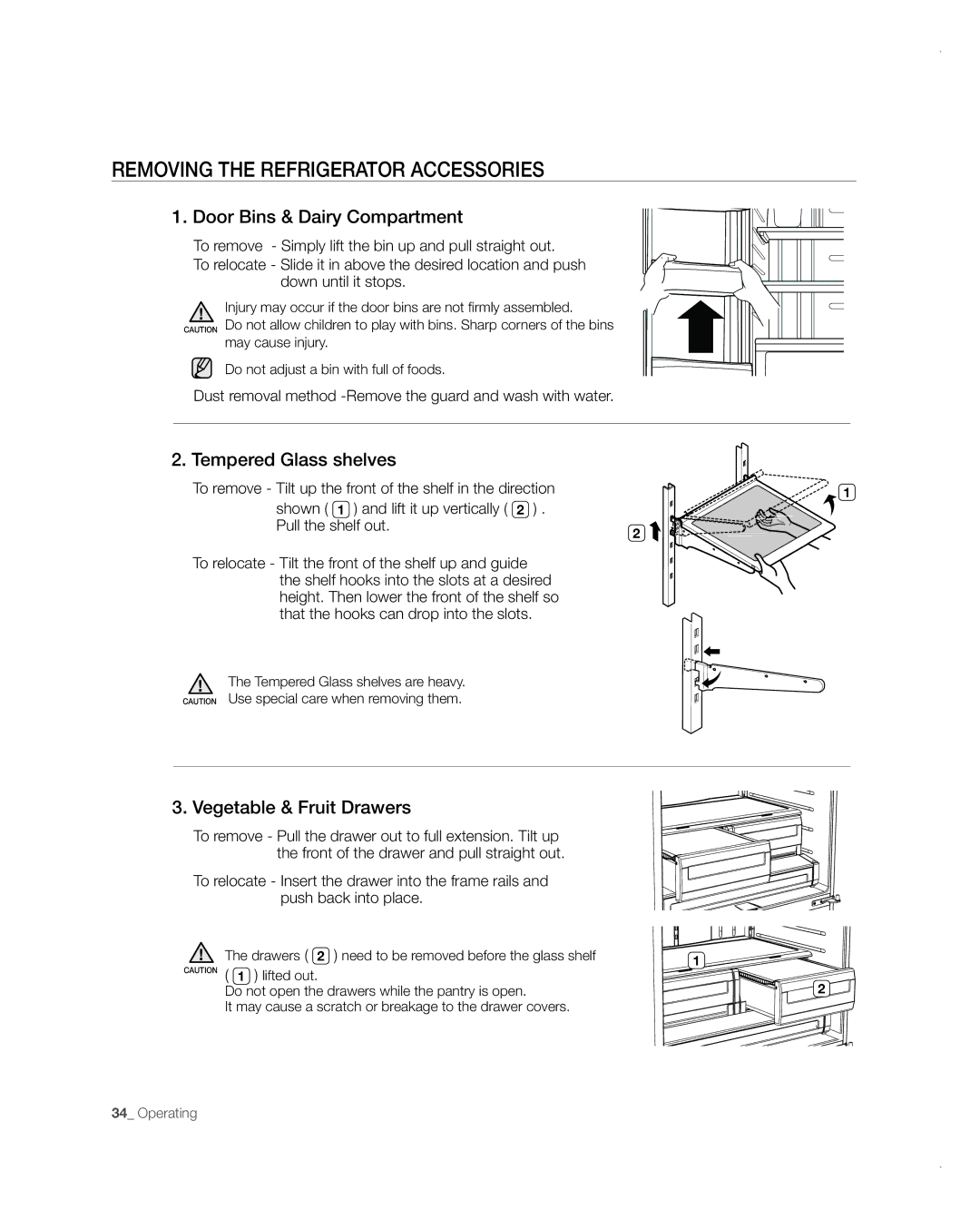 Samsung RFG237AARS user manual Removing the Refrigerator Accessories, Door Bins & Dairy Compartment, Tempered Glass shelves 