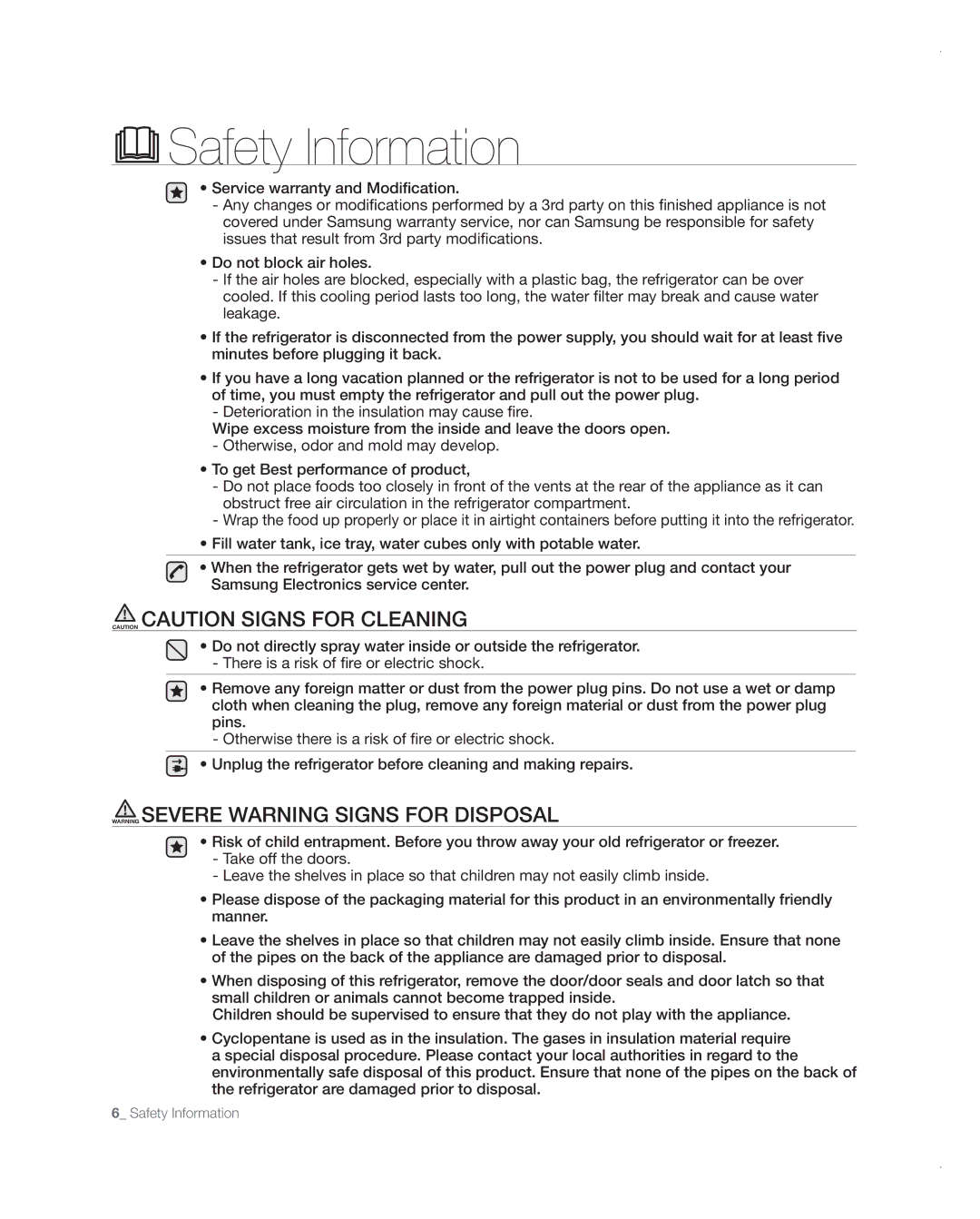 Samsung RFG237AARS user manual Safety Information 