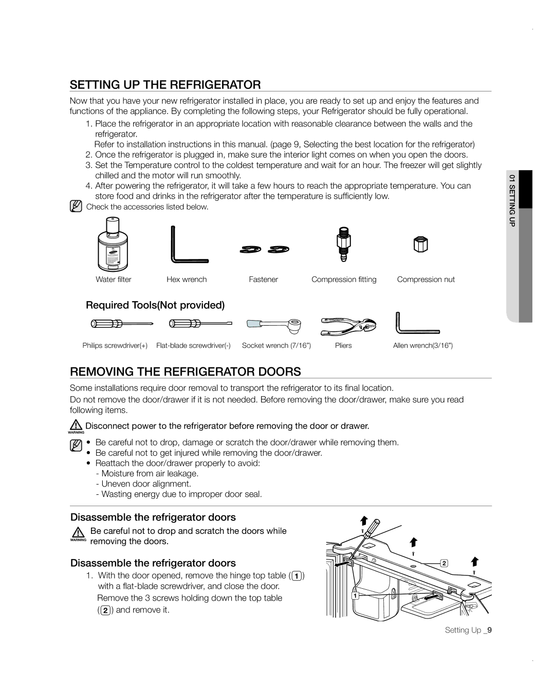 Samsung RFG237AARS user manual Setting uP tHe ReFRigeRAtoR, Removing the refrigerator doors, Required ToolsNot provided 