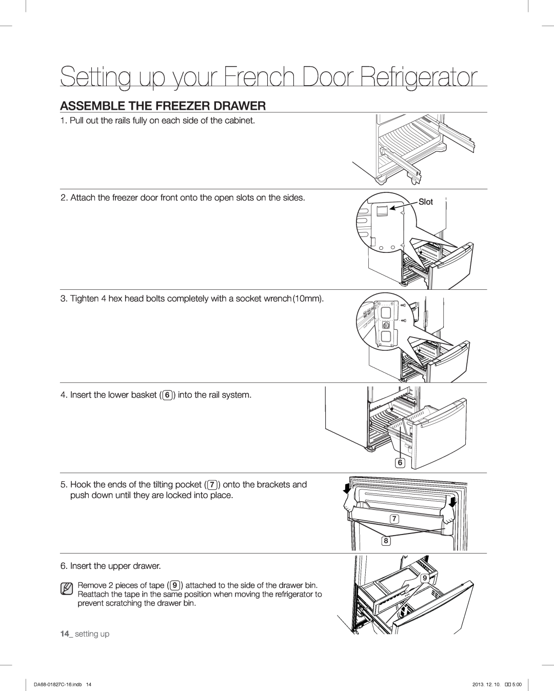 Samsung RFG237AARS user manual Assemble The Freezer Drawer, Setting up your French Door Refrigerator 