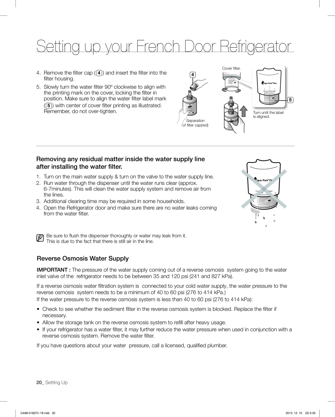 Samsung RFG237AARS user manual Setting up your French Door Refrigerator, Reverse Osmosis Water Supply, 20_ Setting Up 