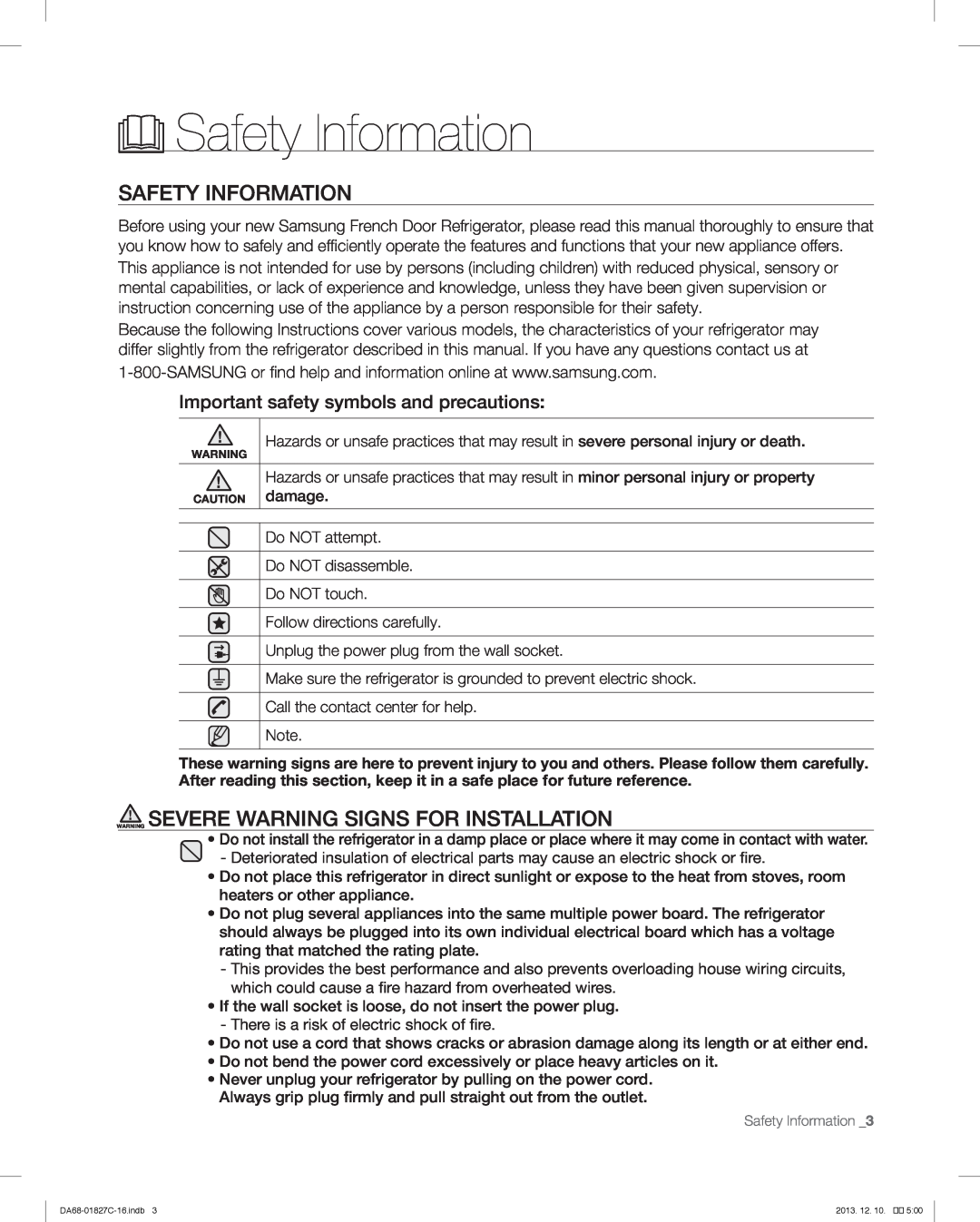 Samsung RFG237AARS user manual Safety Information, Warning Severe Warning Signs For Installation 
