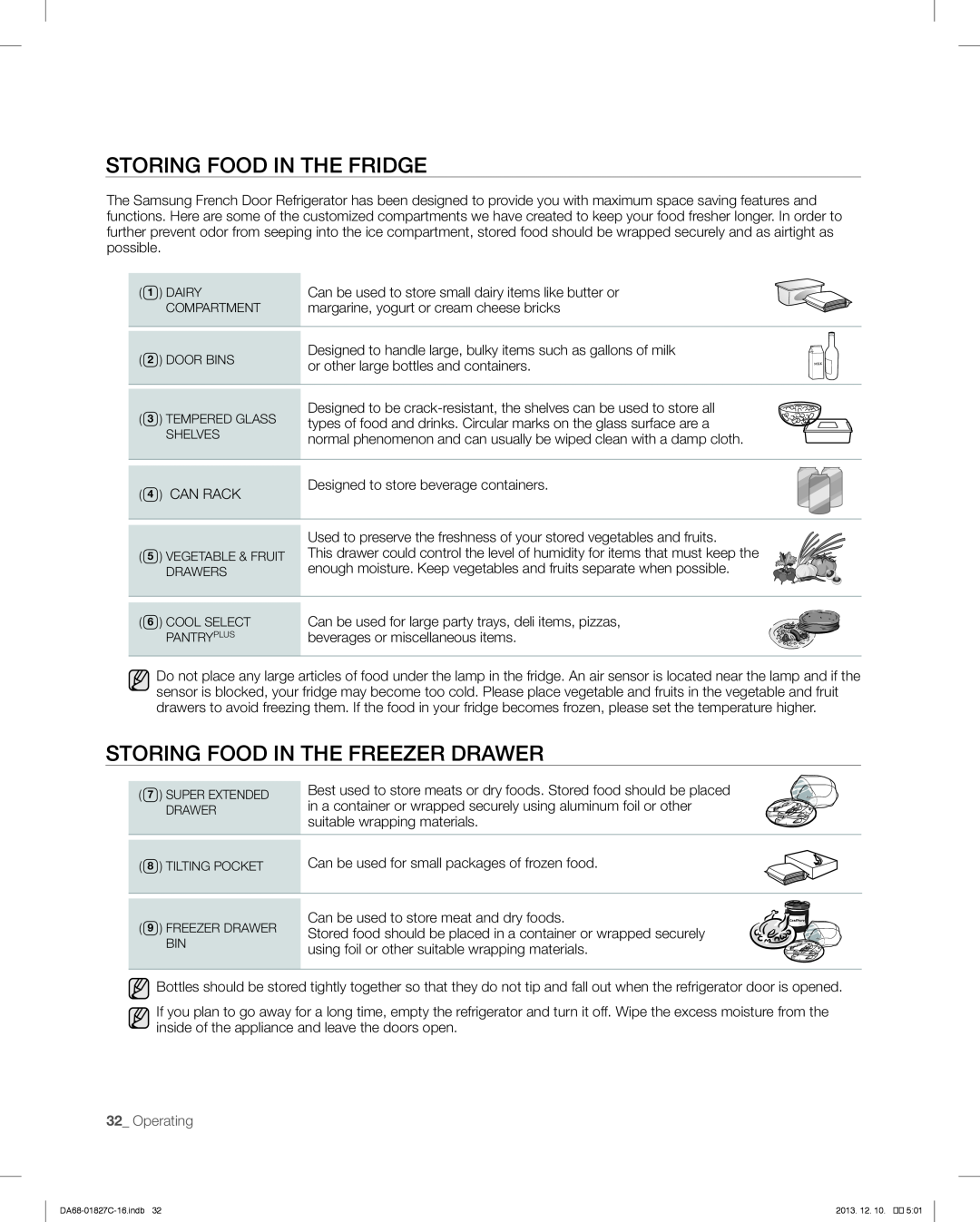 Samsung RFG237AARS user manual Storing Food In The Fridge, Storing Food In The Freezer Drawer, 32_ Operating 