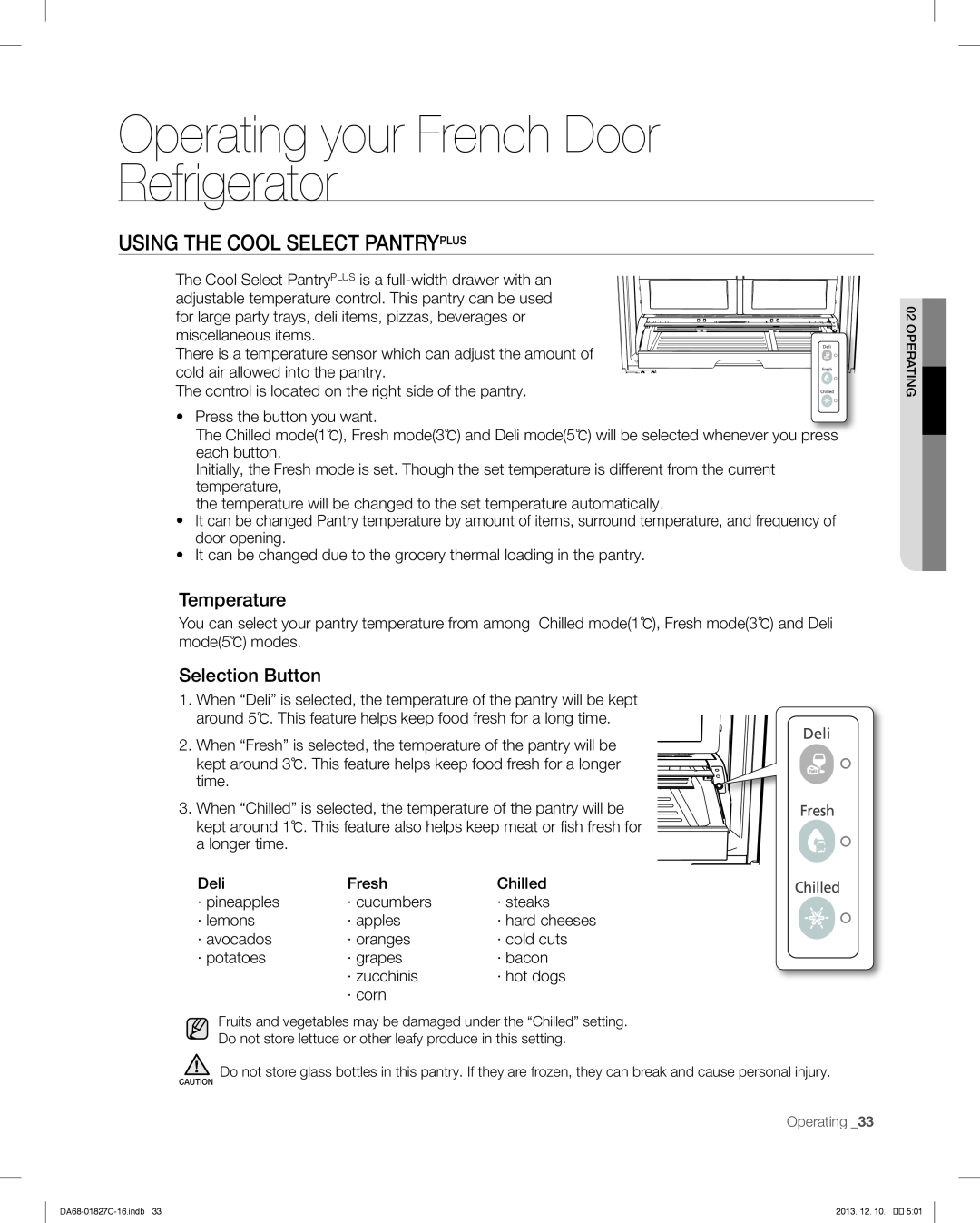 Samsung RFG237AARS user manual Using The Cool Select Pantryplus, Operating your French Door Refrigerator, Temperature 