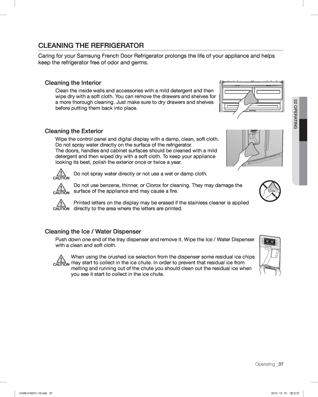 Samsung RFG237AARS user manual Cleaning The Refrigerator, Cleaning the Interior, Cleaning the Exterior 