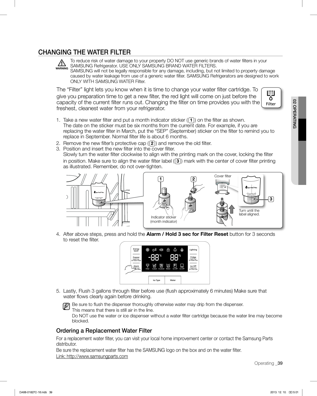 Samsung RFG237AARS user manual Changing The Water Filter, Ordering a Replacement Water Filter 