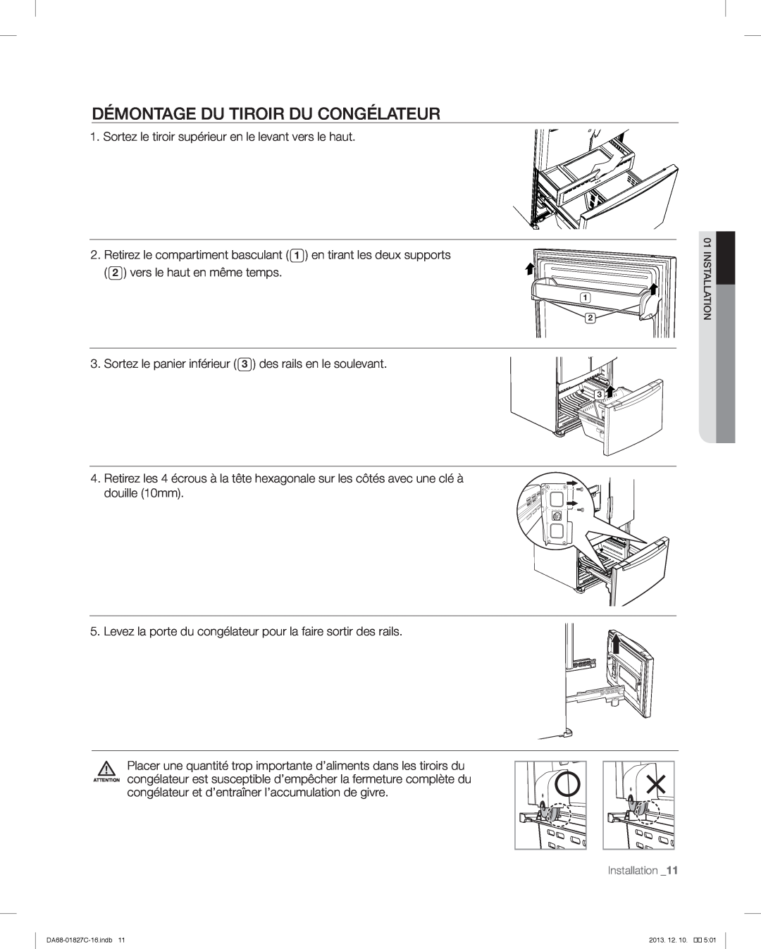 Samsung RFG237AARS user manual Démontage Du Tiroir Du Congélateur, Installation 