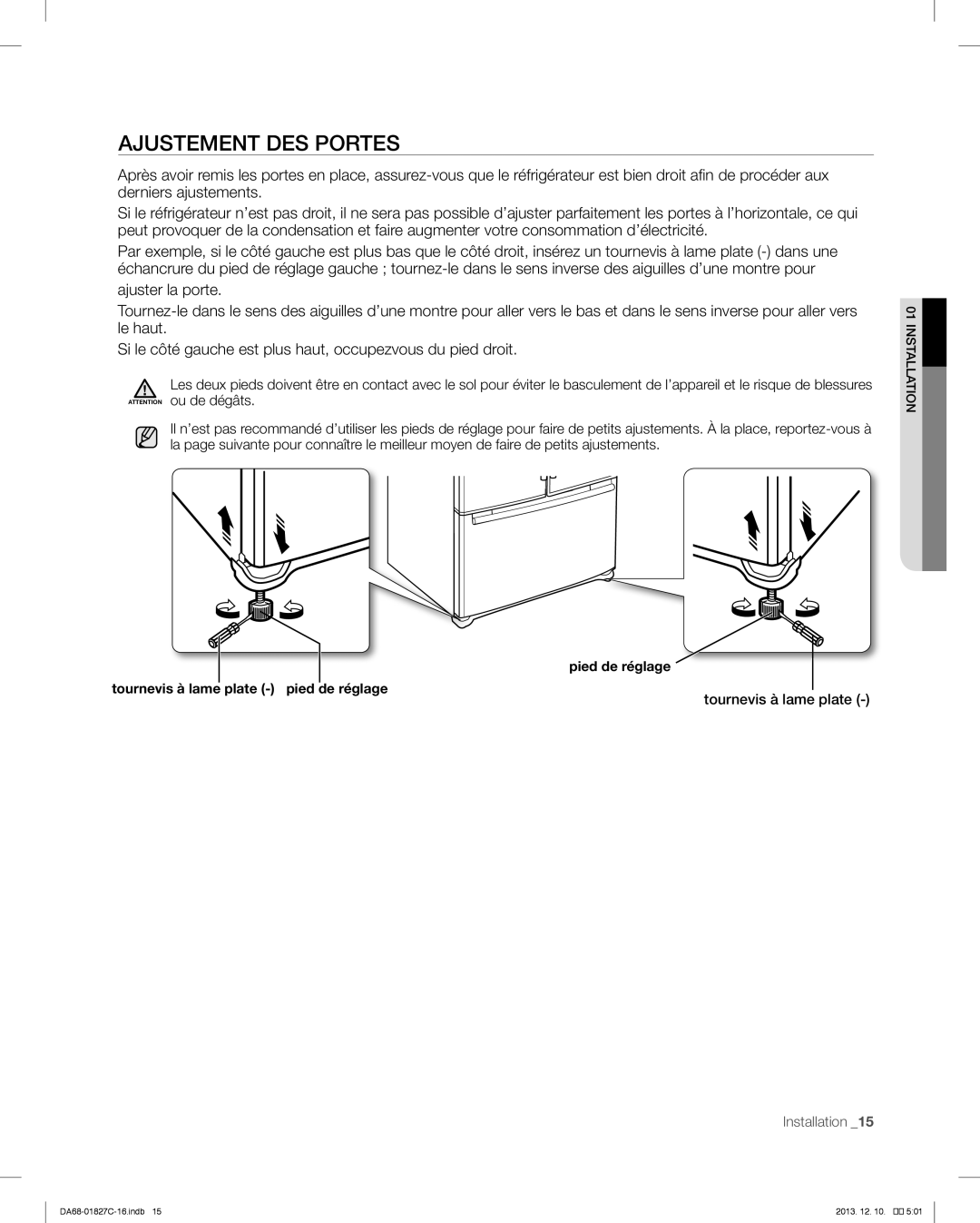 Samsung RFG237AARS user manual Ajustement Des Portes 
