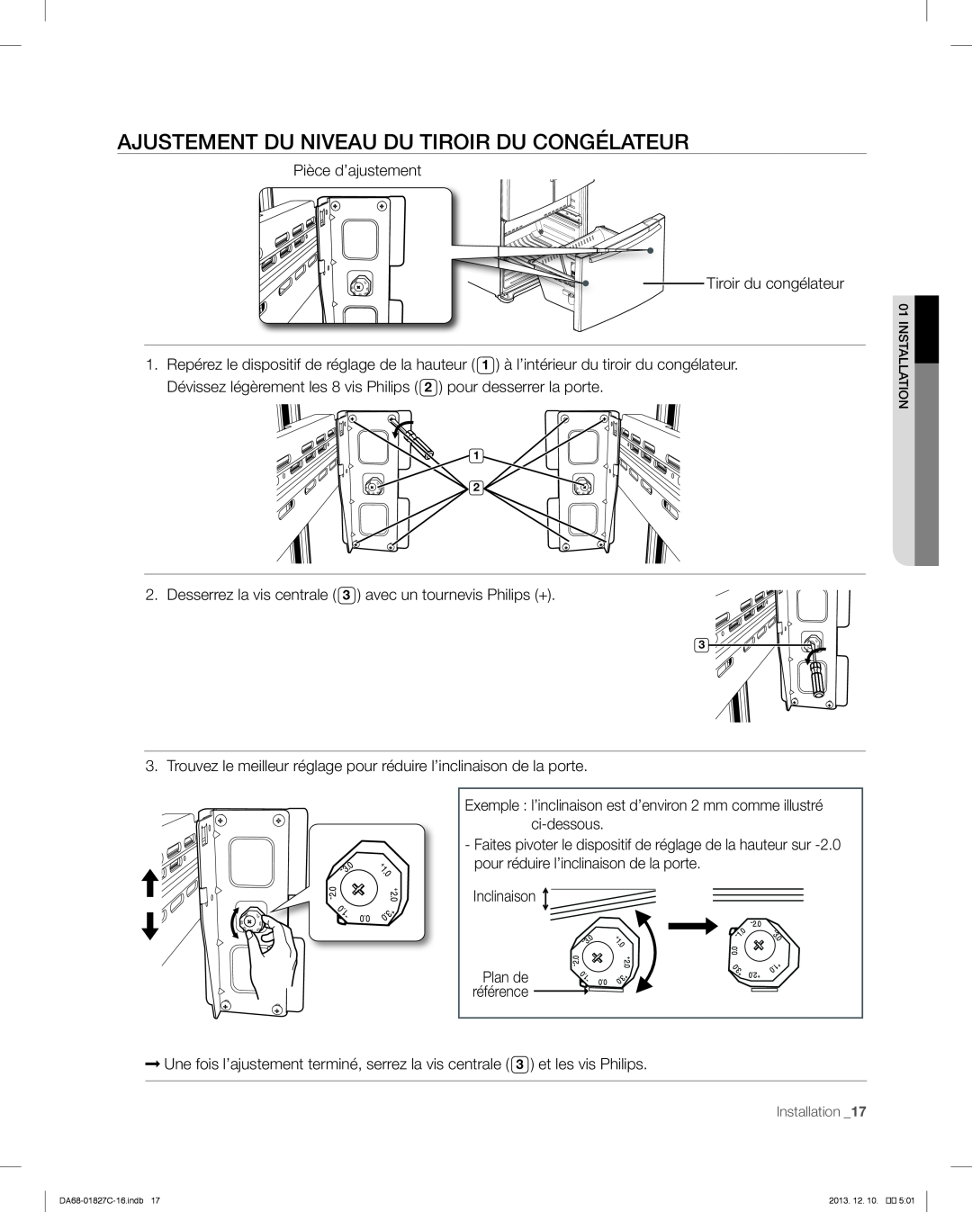 Samsung RFG237AARS user manual Ajustement Du Niveau Du Tiroir Du Congélateur 