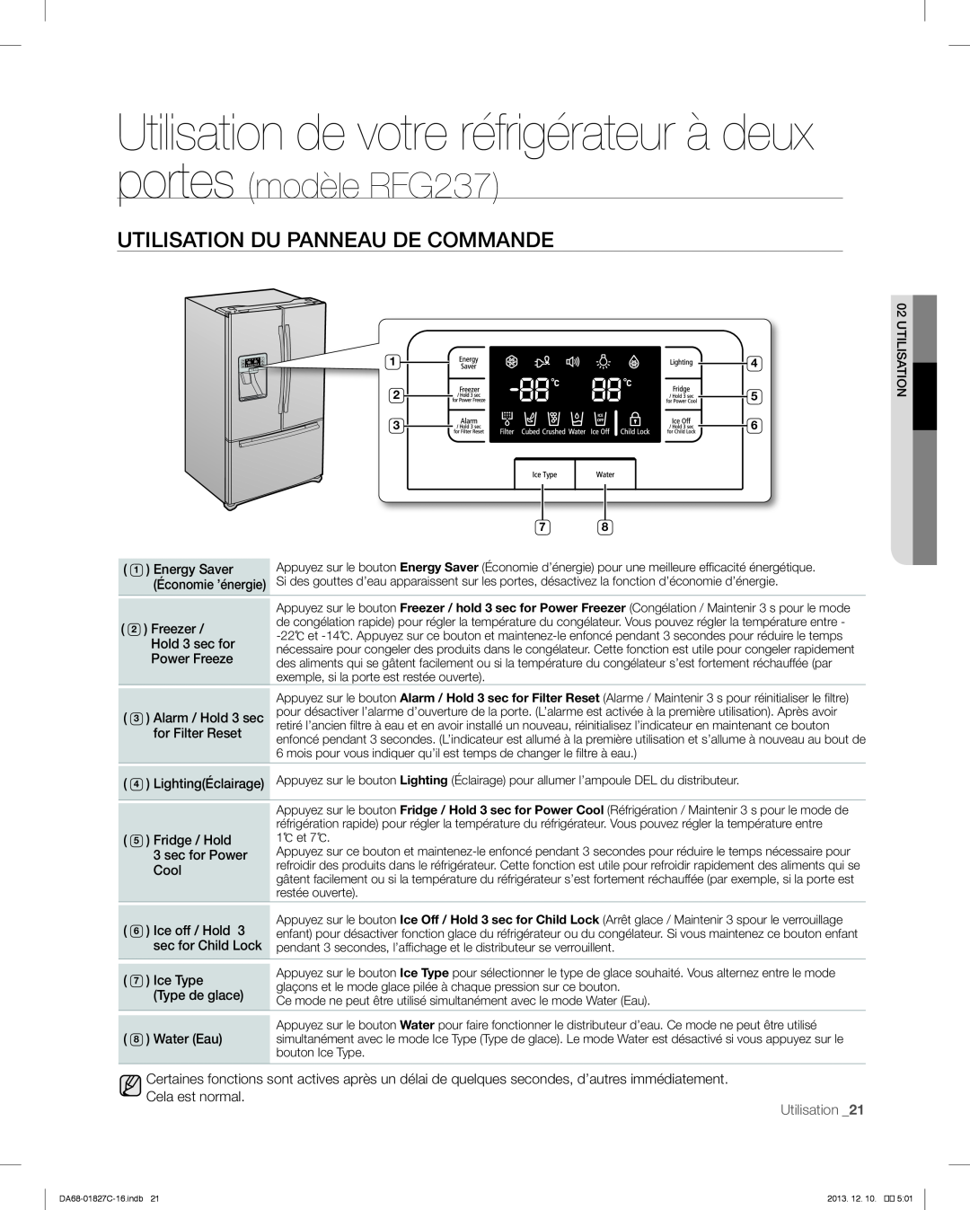 Samsung RFG237AARS Utilisation de votre réfrigérateur à deux portes, Utilisation Du Panneau De Commande, Utilisation _21 