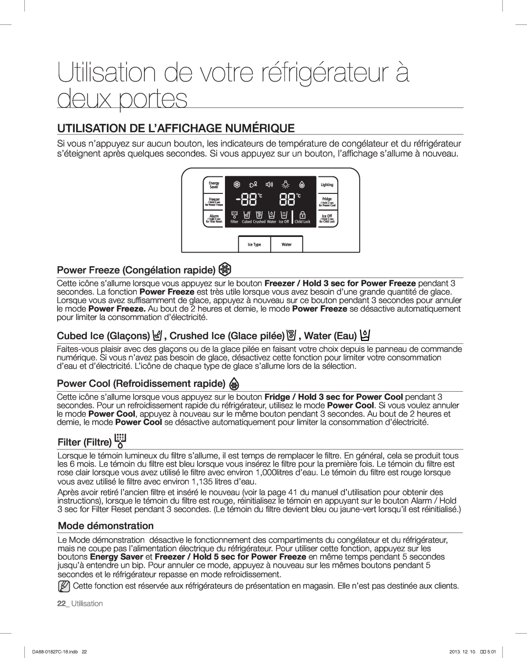 Samsung RFG237AARS Utilisation de votre réfrigérateur à deux portes, Utilisation De L’Affichage Numérique, Filter Filtre 