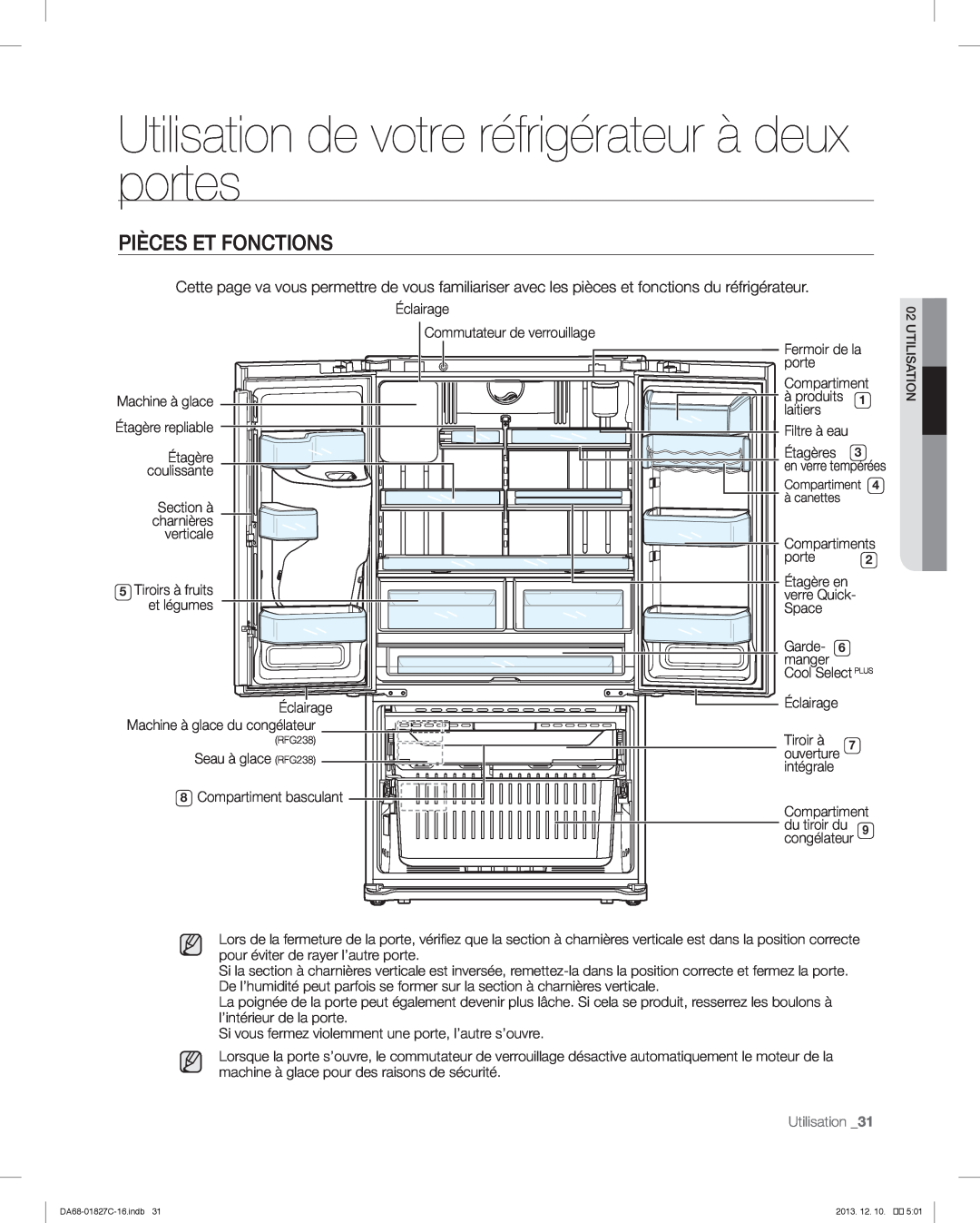 Samsung RFG237AARS user manual Pièces Et Fonctions, Utilisation de votre réfrigérateur à deux portes 