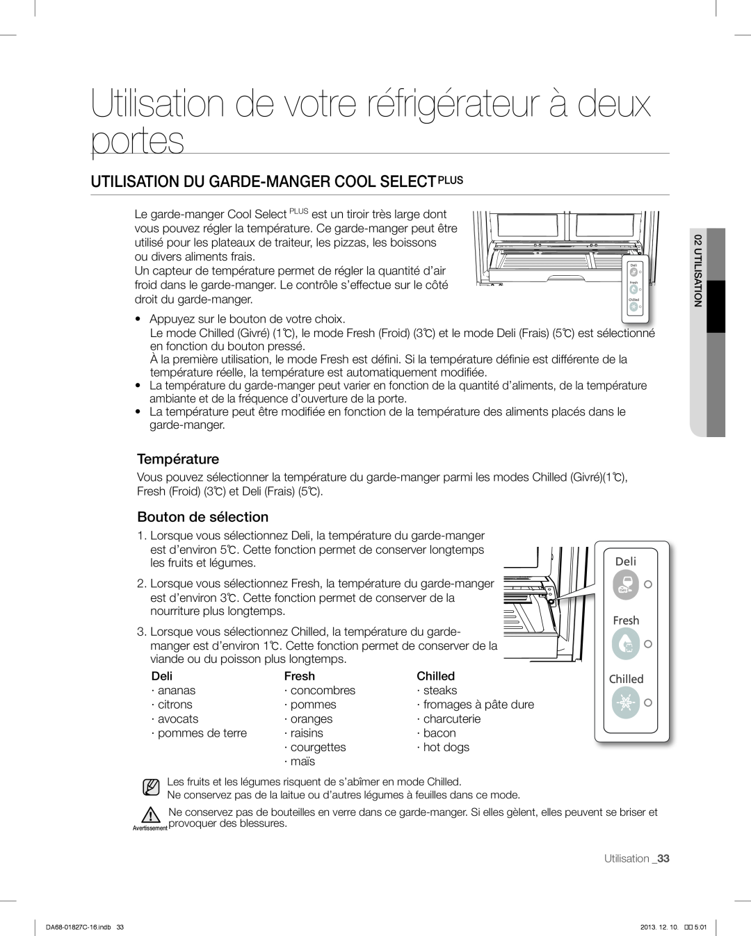 Samsung RFG237AARS user manual Utilisation Du Garde-Mangercool Selectplus, Utilisation de votre réfrigérateur à deux portes 