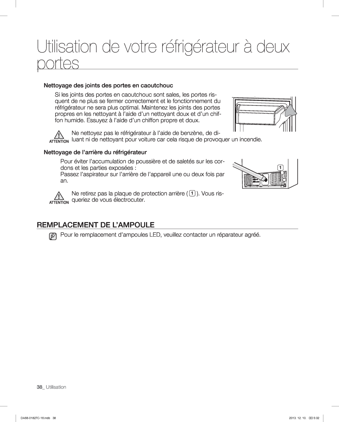 Samsung RFG237AARS user manual Remplacement De L’Ampoule, Utilisation de votre réfrigérateur à deux portes 
