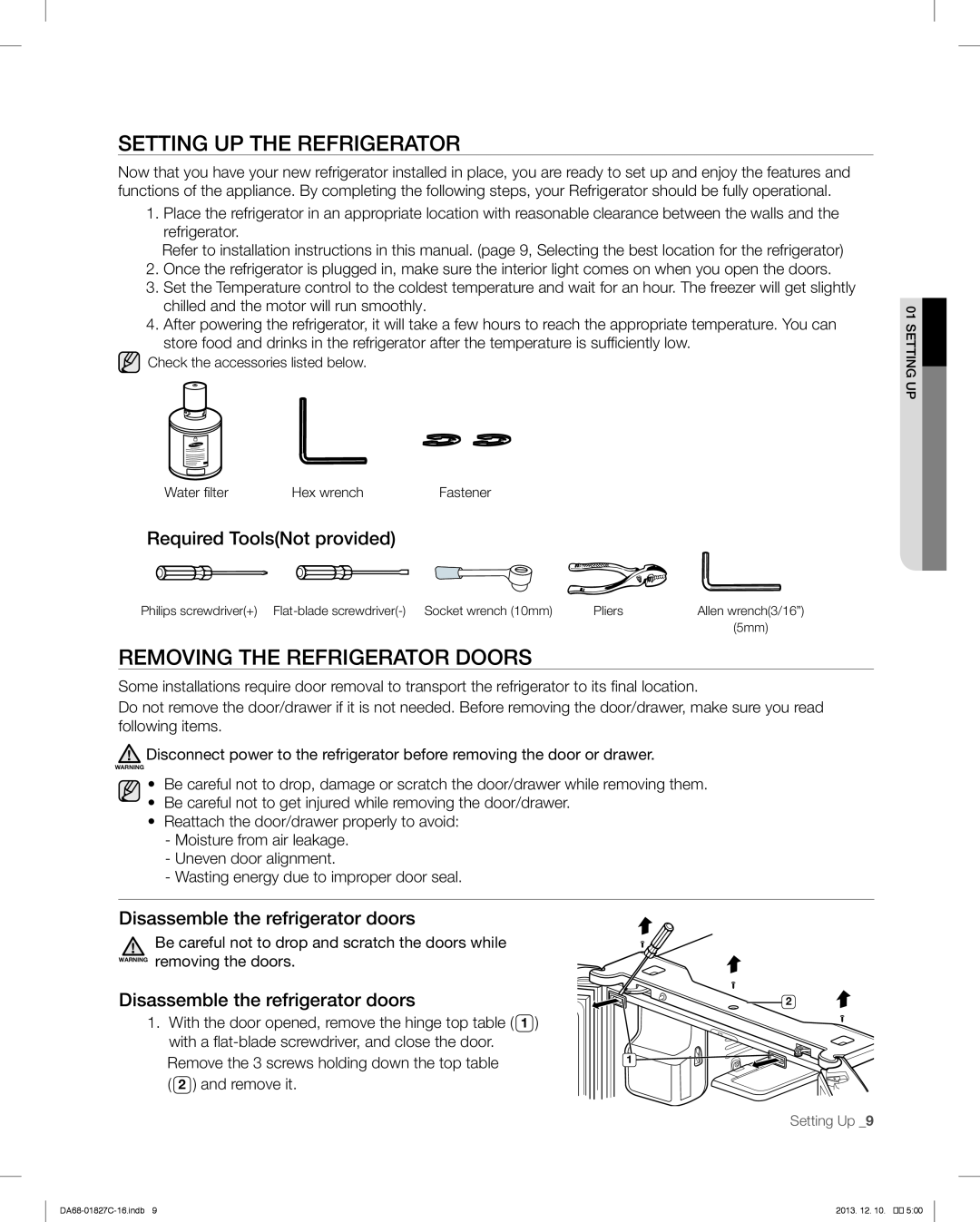 Samsung RFG237AARS user manual Setting Up The Refrigerator, Removing The Refrigerator Doors, Required ToolsNot provided 