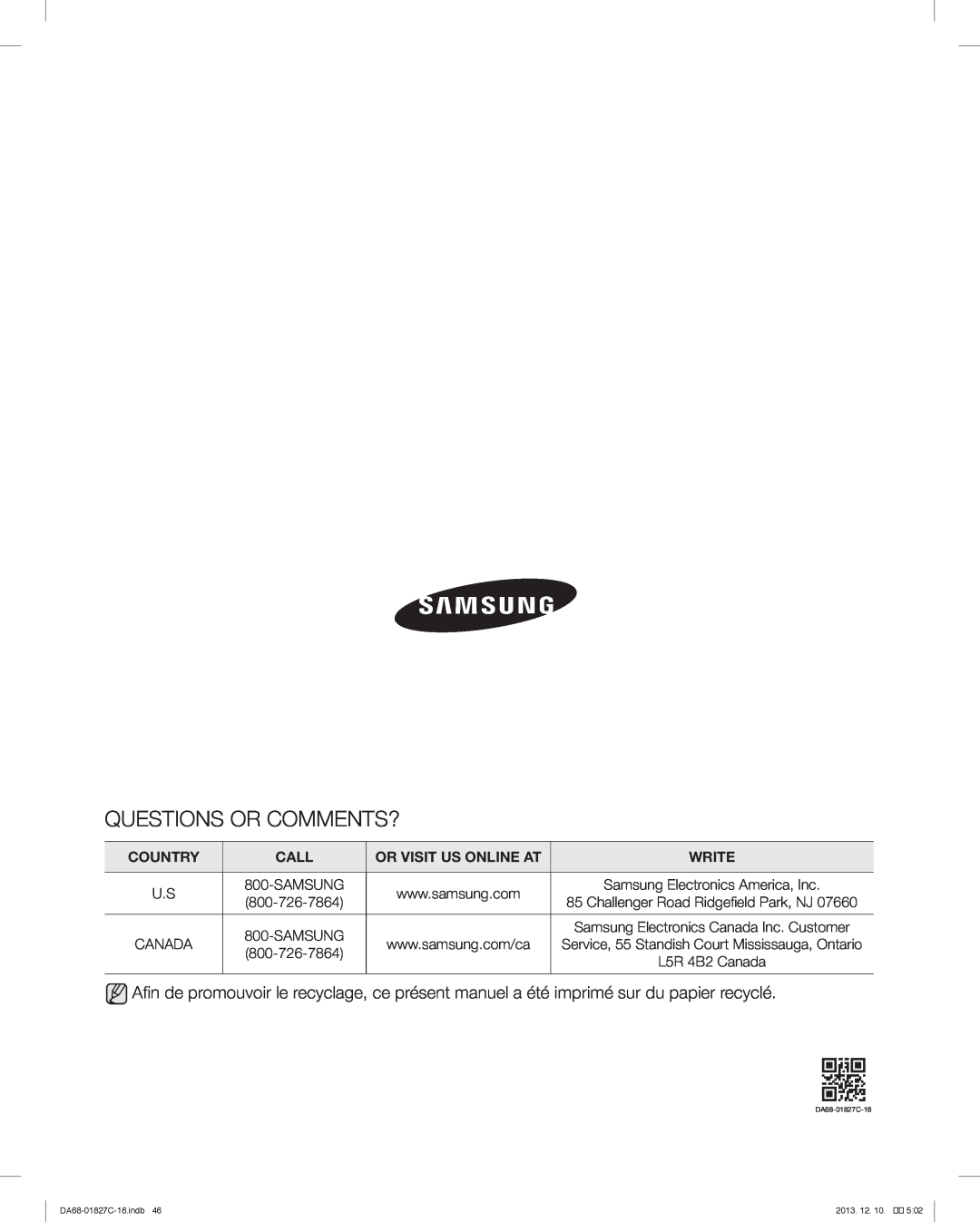 Samsung RFG237AARS user manual Questions Or Comments?, Country, Call, Or Visit Us Online At, Write 