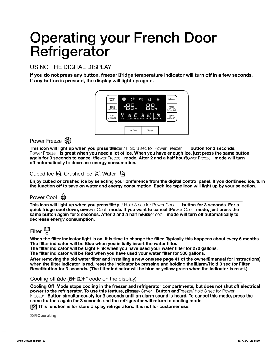 Samsung RFG237AAWP, RFG237AABP user manual Operating your French Door Refrigerator, Using the Digital Display 