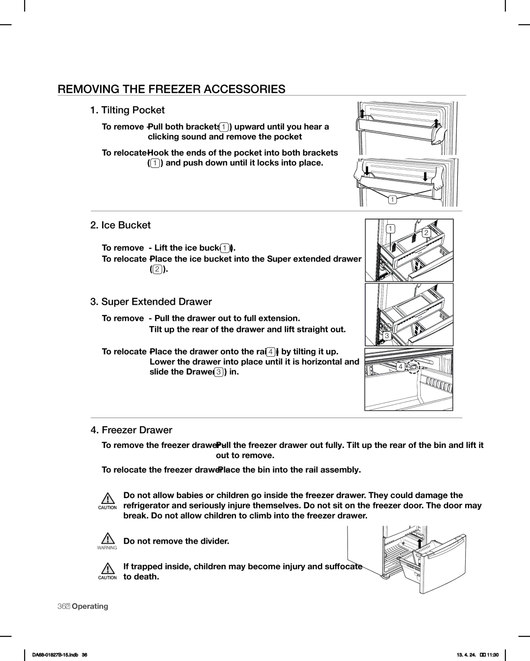 Samsung RFG237AAWP Removing the Freezer Accessories, Tilting Pocket, Ice Bucket, Super Extended Drawer, Freezer Drawer 