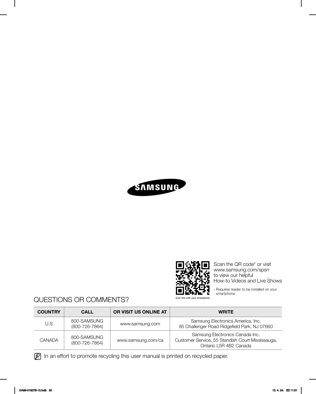 Samsung RFG237AAWP, RFG237AABP Questions or COMMENTS?, Challenger Road Ridgefield Park, NJ, Samsung Electronics Canada Inc 