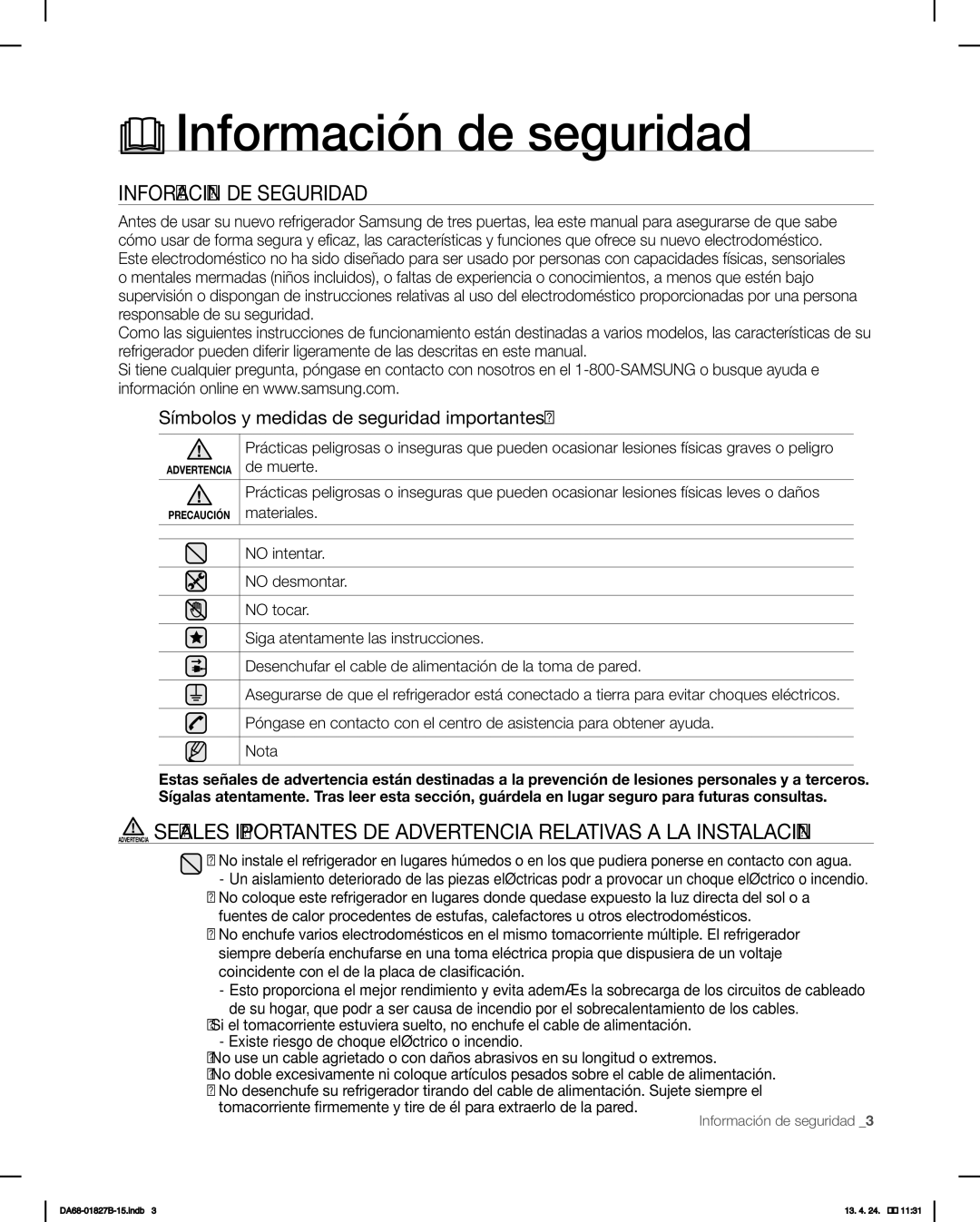 Samsung RFG237AABP Información de seguridad, Información DE Seguridad, Símbolos y medidas de seguridad importantes 