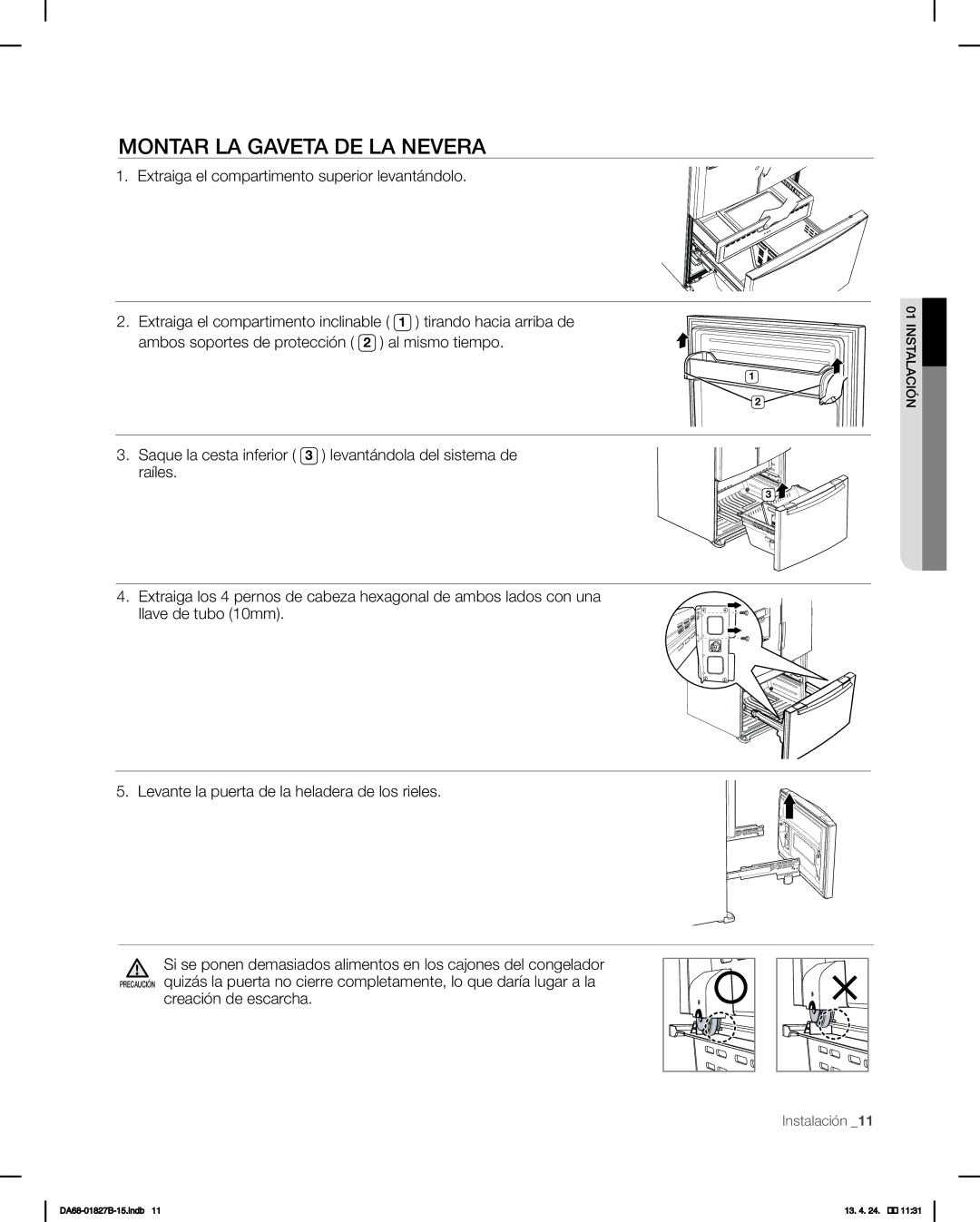 Samsung RFG237AABP, RFG237AAWP user manual Montar LA Gaveta DE LA Nevera 