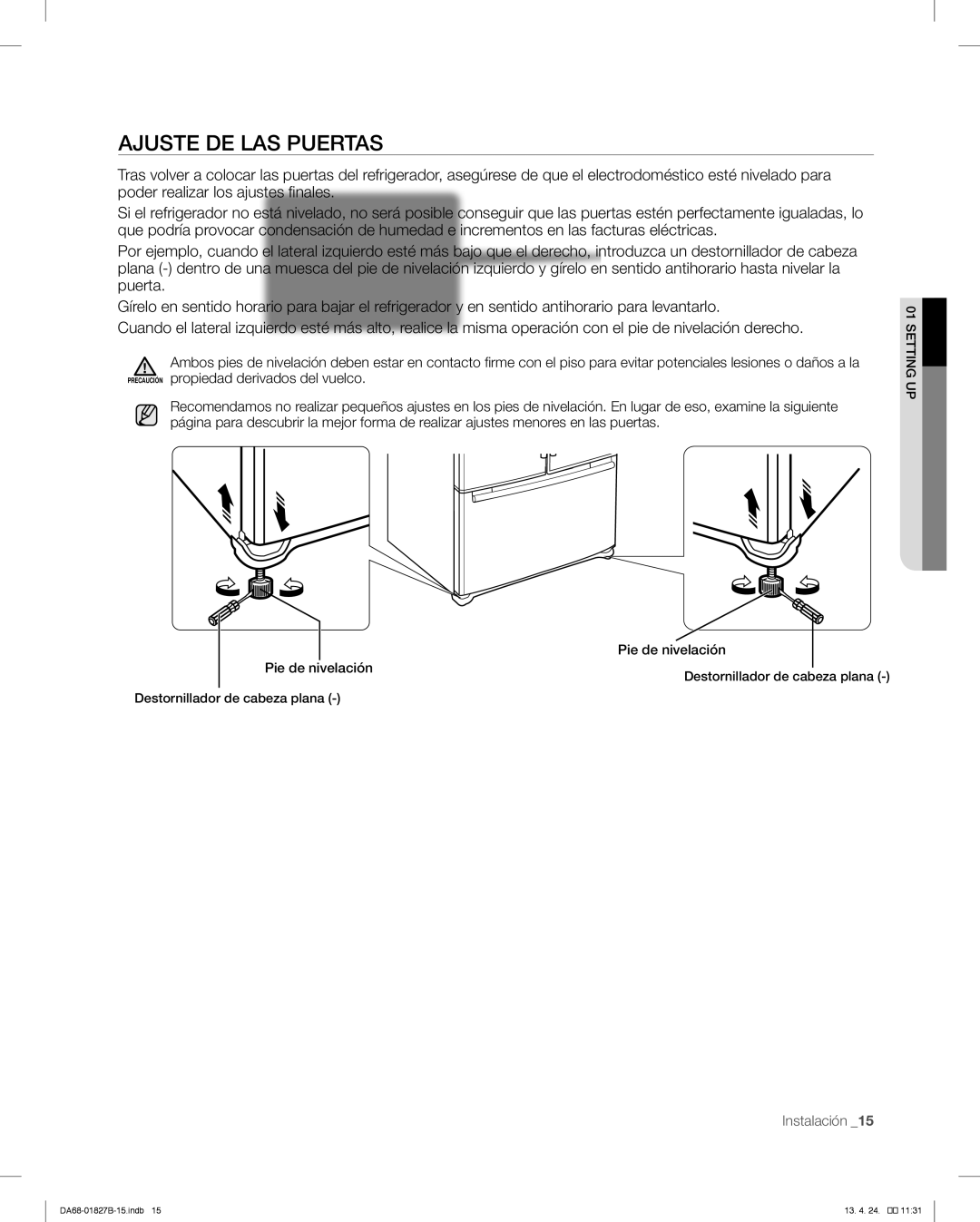 Samsung RFG237AABP, RFG237AAWP user manual Ajuste DE LAS Puertas 