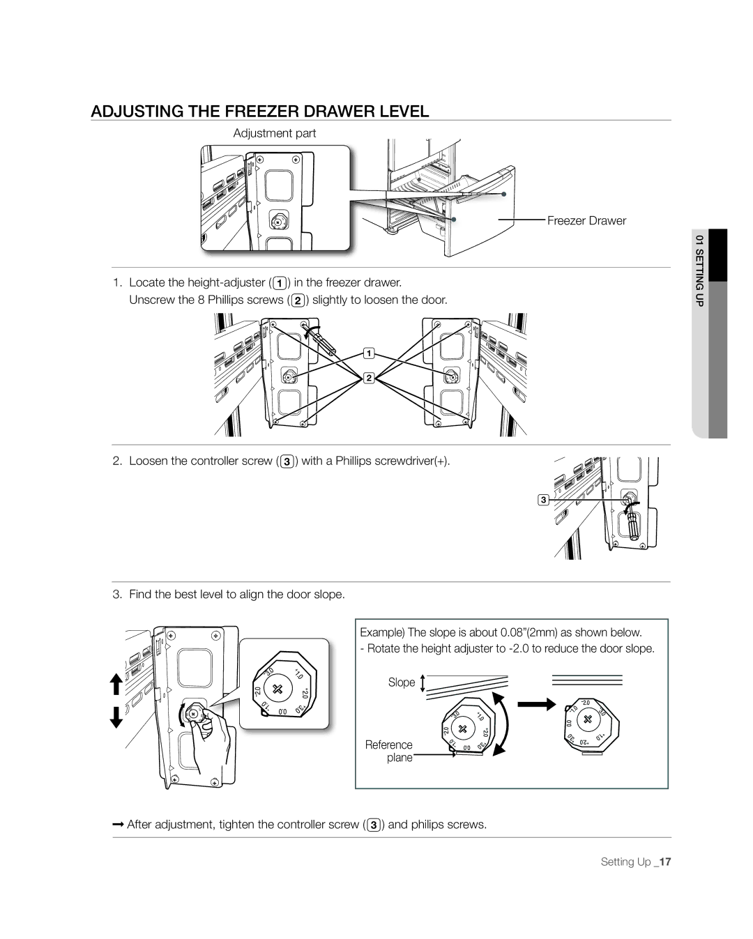 Samsung RFG237, RFG238AARS user manual Adjusting the Freezer Drawer Level, Adjustment part Freezer Drawer 