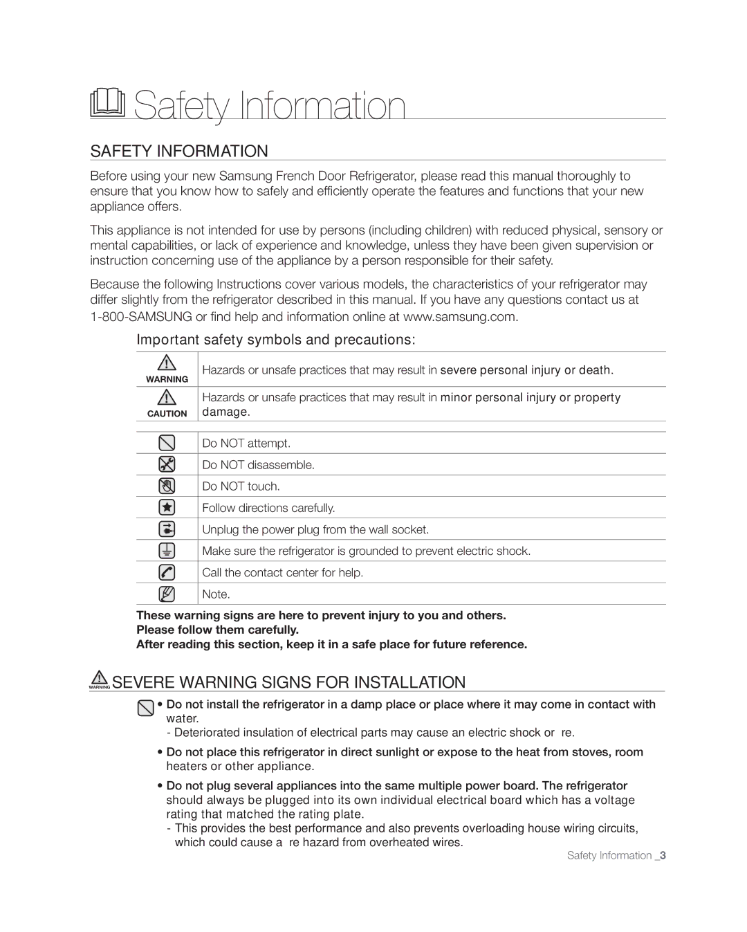 Samsung RFG238AARS, RFG237 user manual Safety Information, Important safety symbols and precautions 