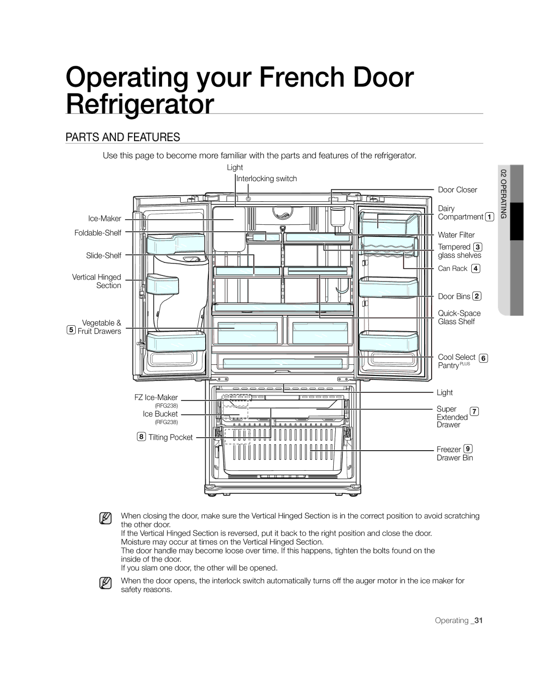 Samsung RFG238AARS, RFG237 user manual Parts and Features, If you slam one door, the other will be opened 