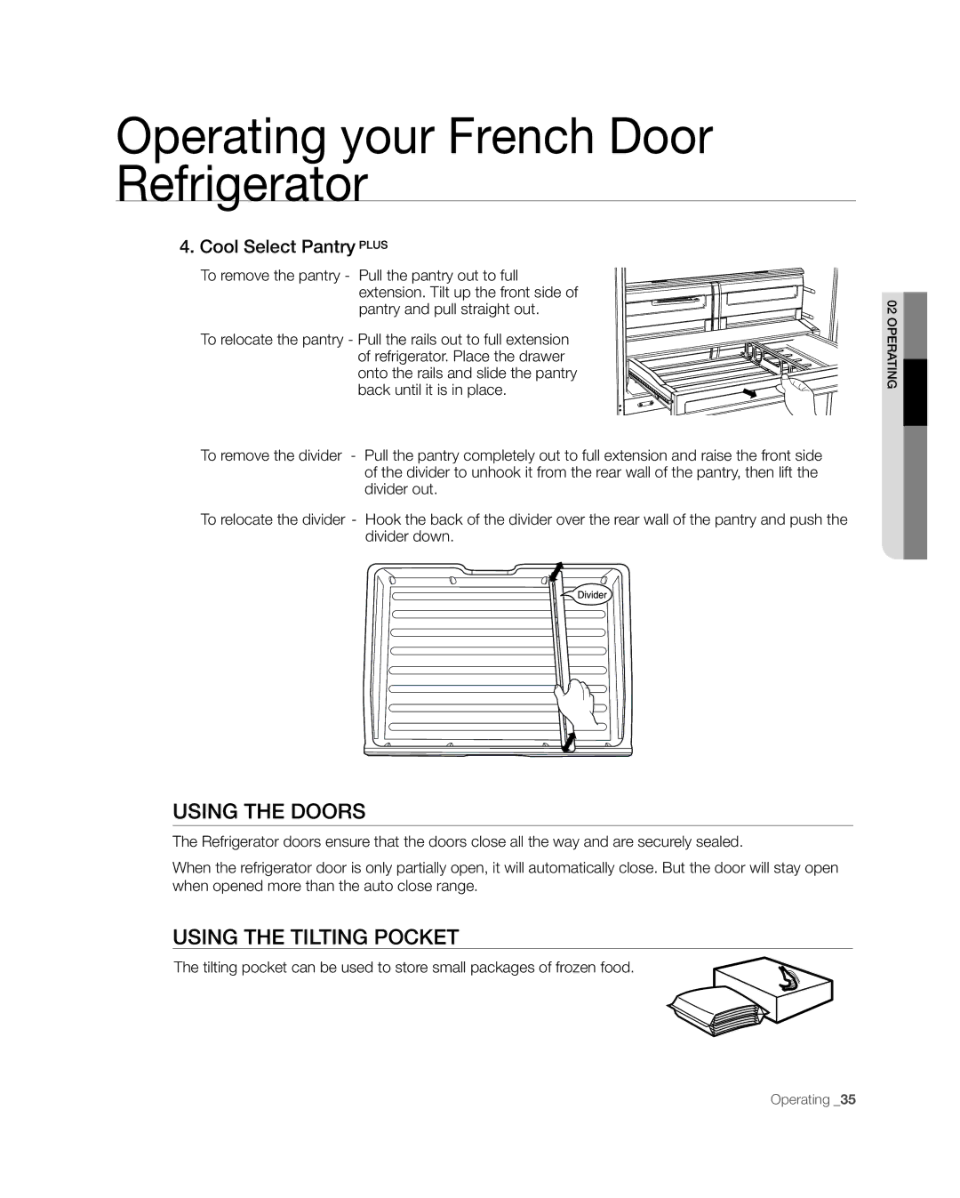 Samsung RFG237, RFG238AARS user manual Using tHe DooRs, UsinG tHE tiLtinG PoCKEt, Cool Select Pantry Plus 