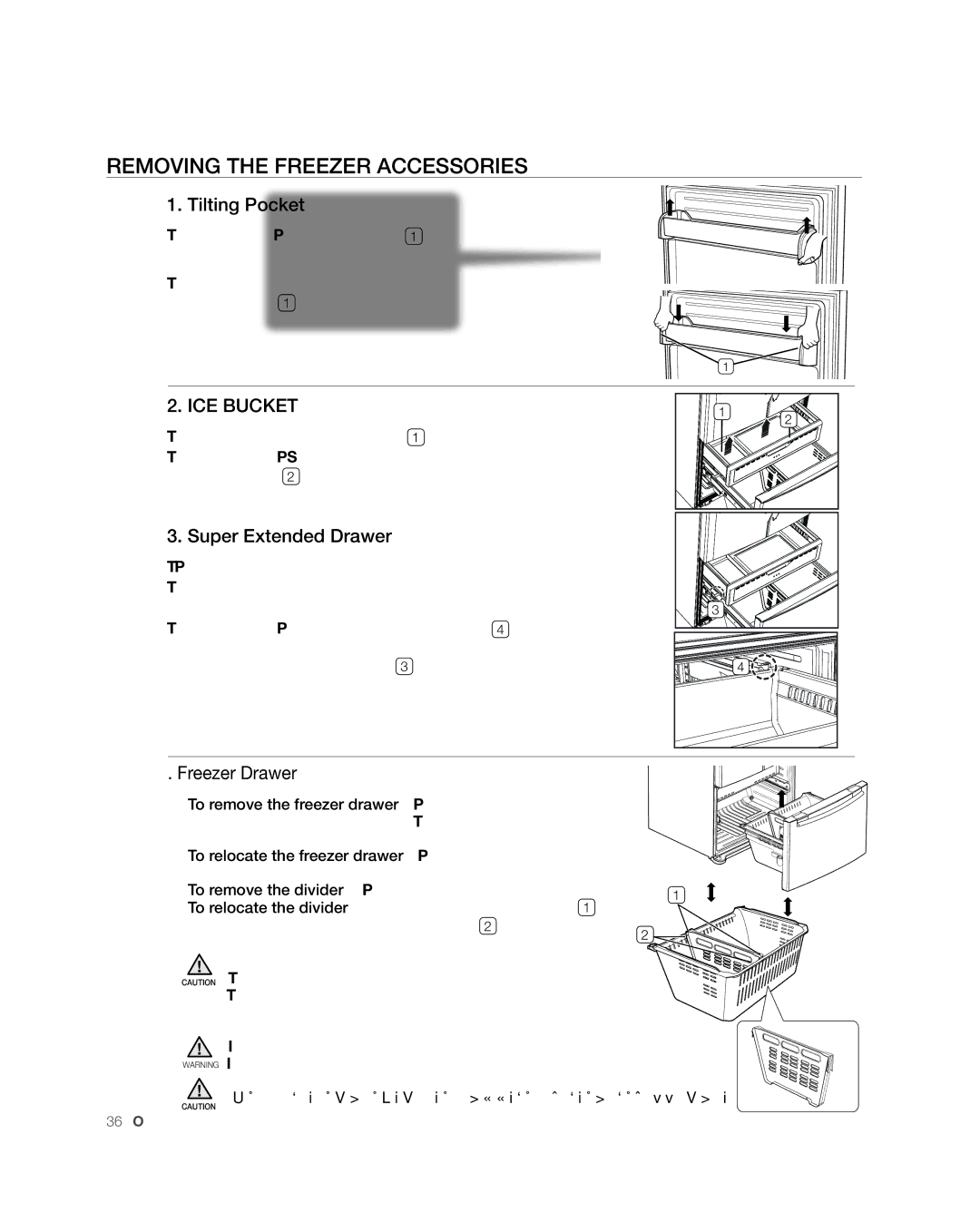 Samsung RFG238AARS, RFG237 Removing the Freezer Accessories, Tilting Pocket, Super Extended Drawer, Freezer Drawer 