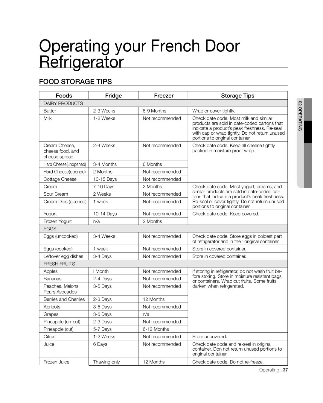 Samsung RFG238AARS, RFG237 user manual Food Storage Tips, Foods Fridge Freezer Storage Tips 