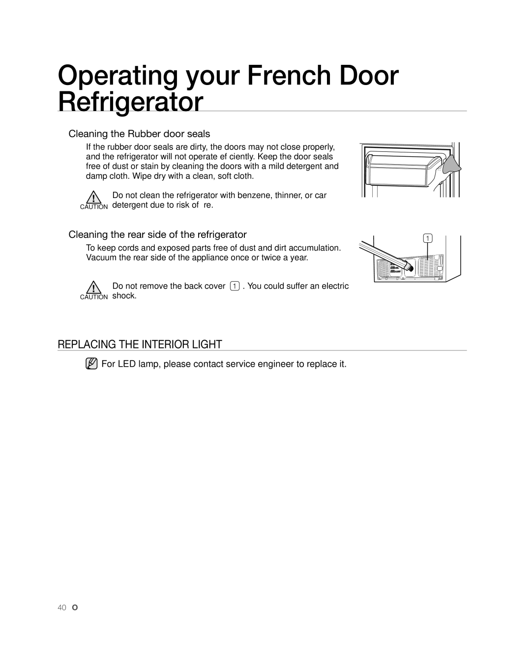 Samsung RFG238AARS, RFG237 user manual Replacing the Interior Light, Cleaning the Rubber door seals 