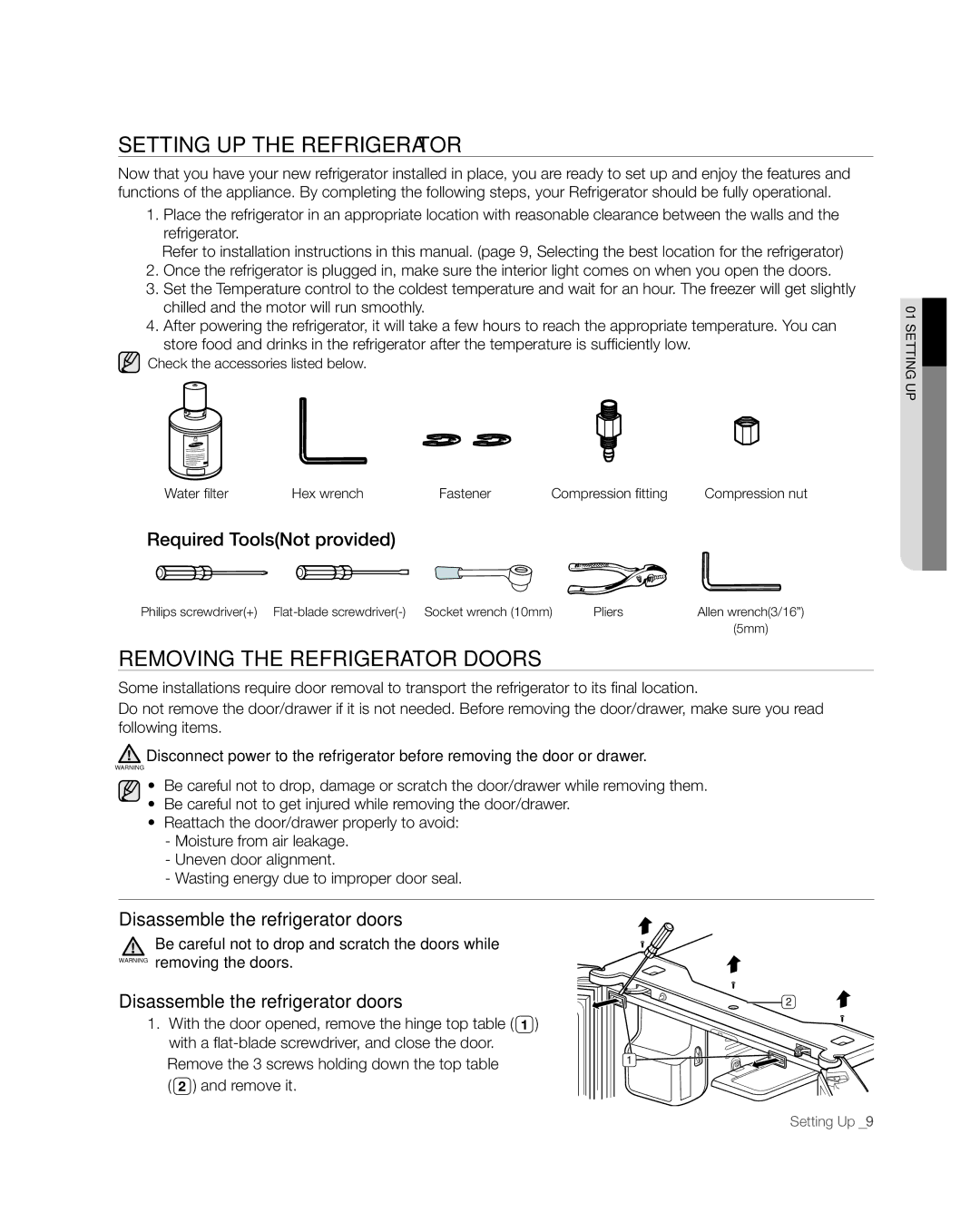 Samsung RFG238AARS, RFG237 Setting uP tHe ReFRigeRAtoR, Removing the refrigerator doors, Required ToolsNot provided 