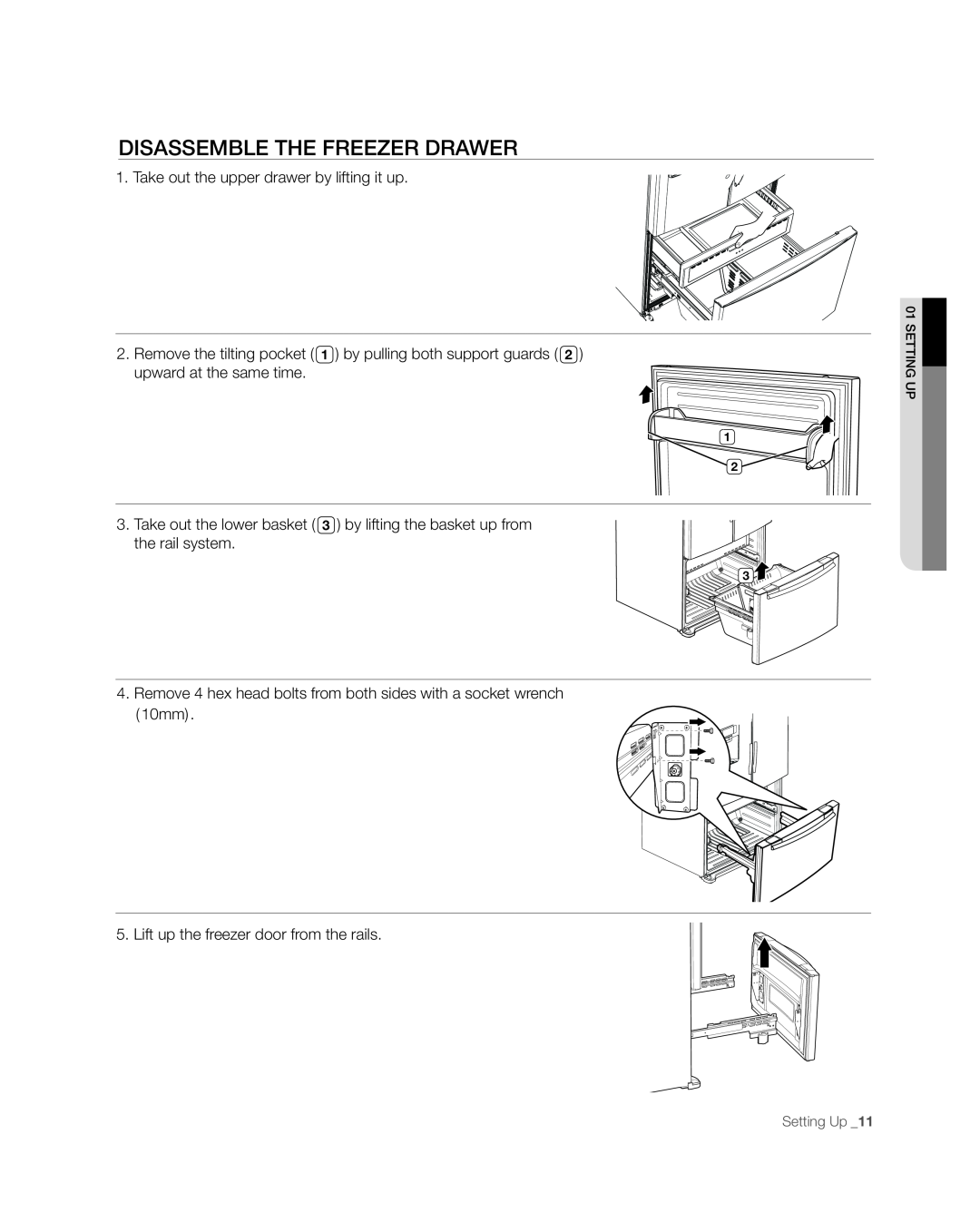 Samsung RFG237, RFG238AARS disassemble the freezer drawer, Take out the upper drawer by lifting it up, Setting Up 