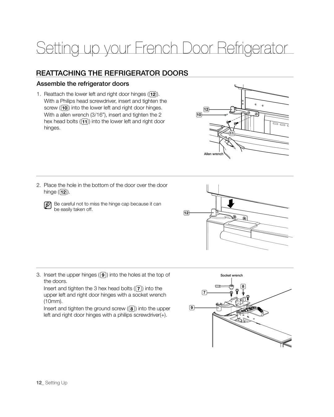 Samsung RFG238AARS, RFG237 user manual REAttACHinG tHE REFRiGERAtoR DooRs, Setting up your French Door Refrigerator 
