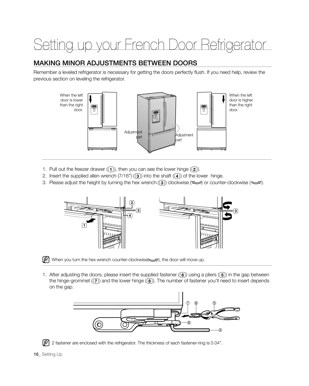Samsung RFG238AARS, RFG237 user manual Making Minor Adjustments Between Doors, Setting up your French Door Refrigerator 