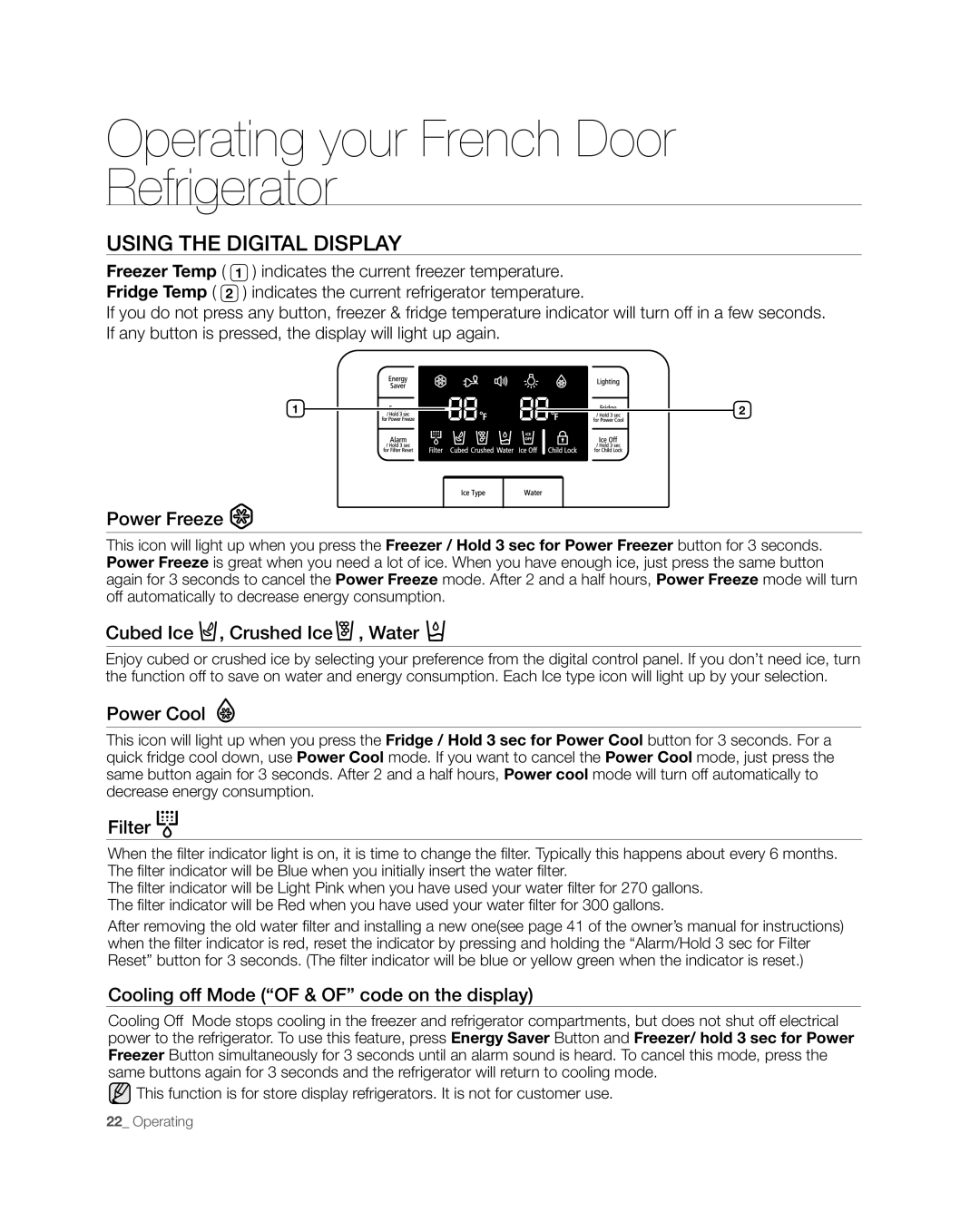Samsung RFG238 Operating your French Door Refrigerator, Using The Digital Display, Power Freeze, Power Cool, Filter 