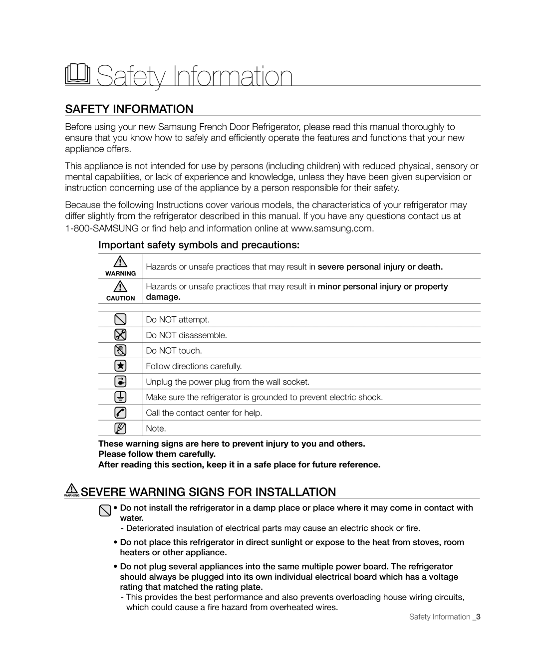 Samsung RFG238AARS, RFG237 user manual Safety Information, Warning Severe Warning Signs For Installation 