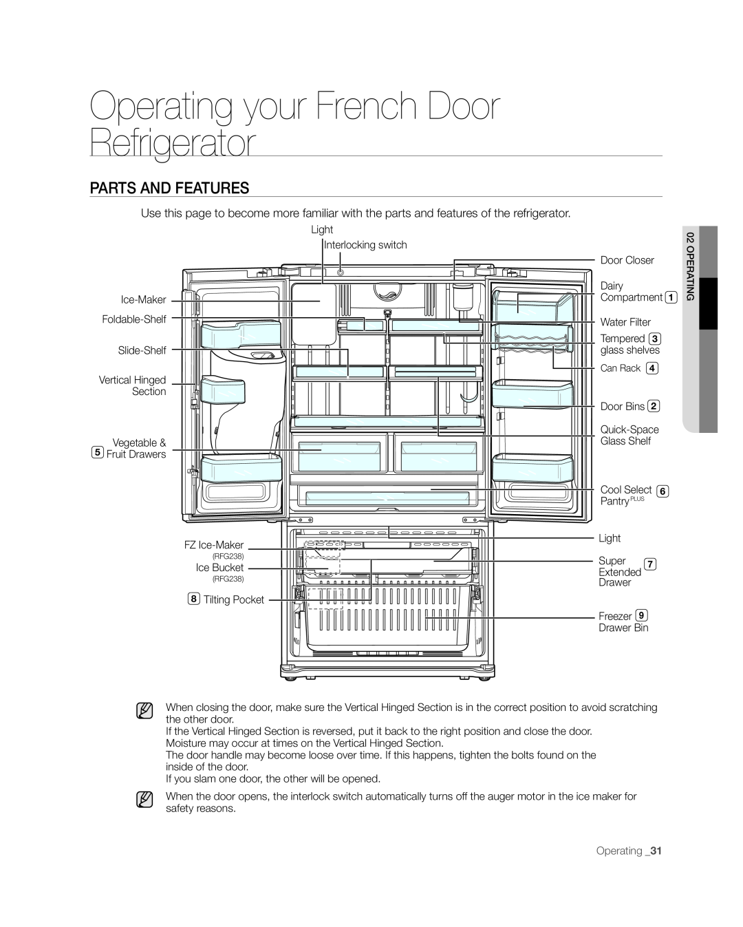 Samsung RFG238AARS, RFG237 user manual Parts And Features, Operating your French Door Refrigerator 