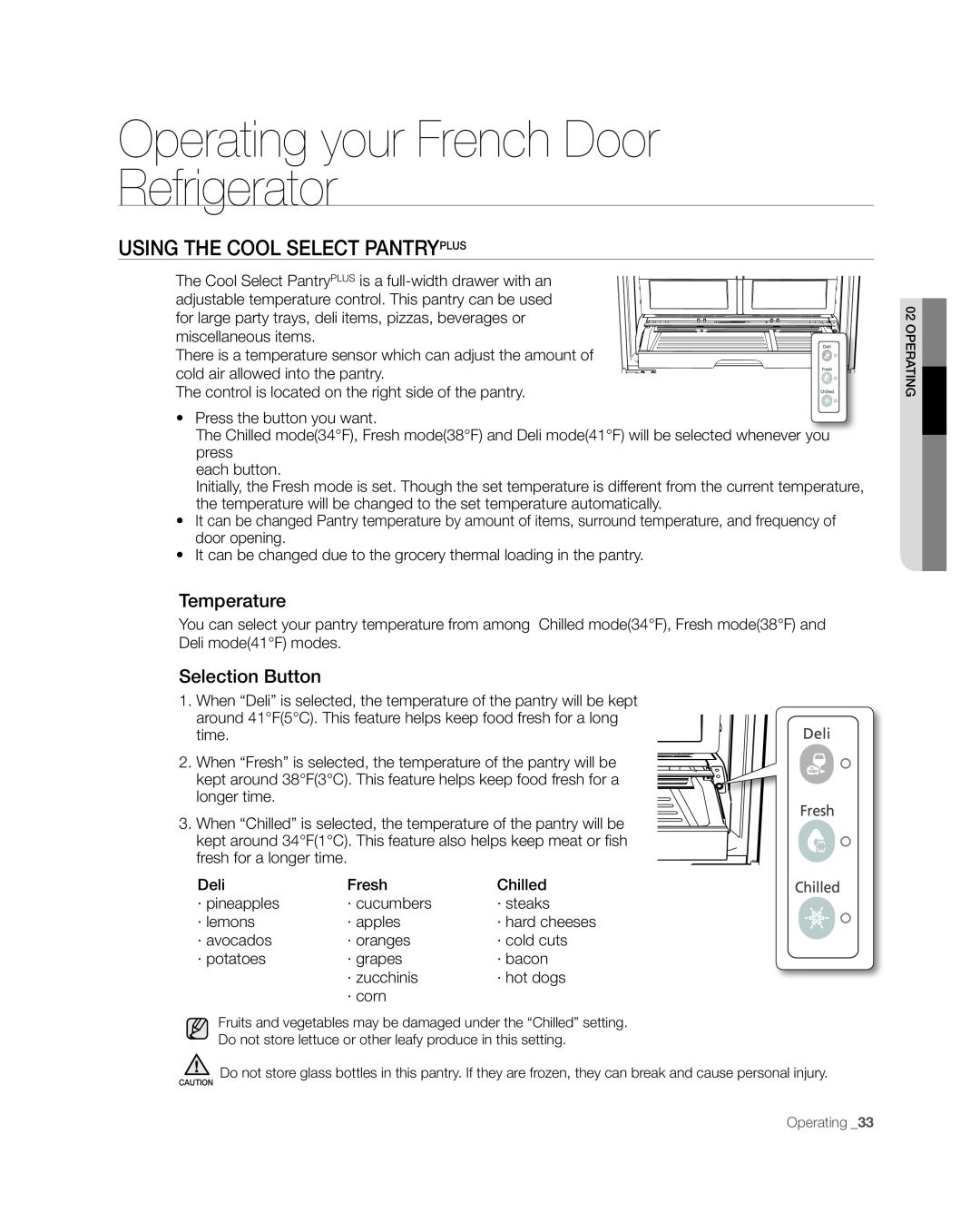 Samsung RFG238AARS, RFG237 Using The Cool Select Pantryplus, Operating your French Door Refrigerator, Temperature 